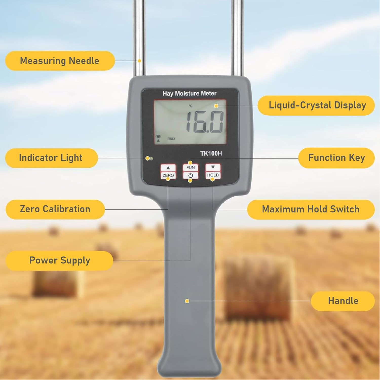 TK100H Portable Hay Moisture Meter, 0-80% Digital LCD Grain Meter, Hay Bale Moisture Tester, Hay Meter Probe Humidity Tester for Cereal, Straw, Bran Froage Grass, Leymus Chinensis, Alfalfa image number 5