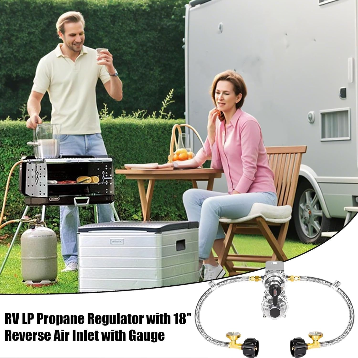 2 Stage Propane Regulator | Trailer Propane Regulator with 18 Inch Hose - Automatic Changeover 2-Stage Adapter with Gauge for Travel House Grill Trailer image number 3