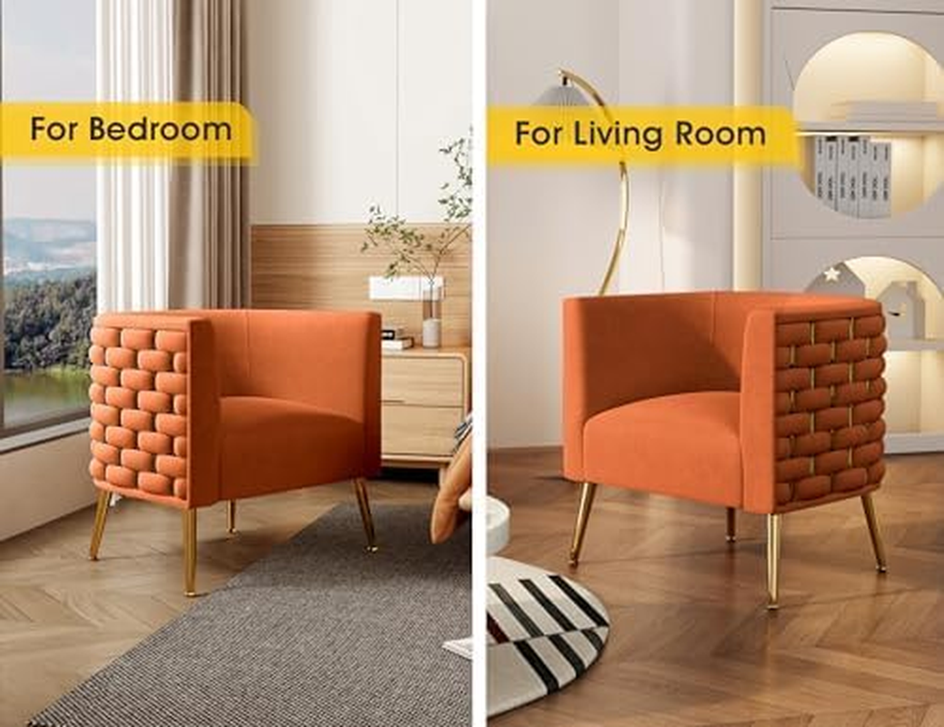 Modern Velvet Barrel Accent Chair, Comfy Wide Handmade Woven Bucket Arm Chair, Fluffy Tufted Upholstered Single Sofa Chair for Living Room, Bedroom, Office, Waiting Room(Orange) image number 4