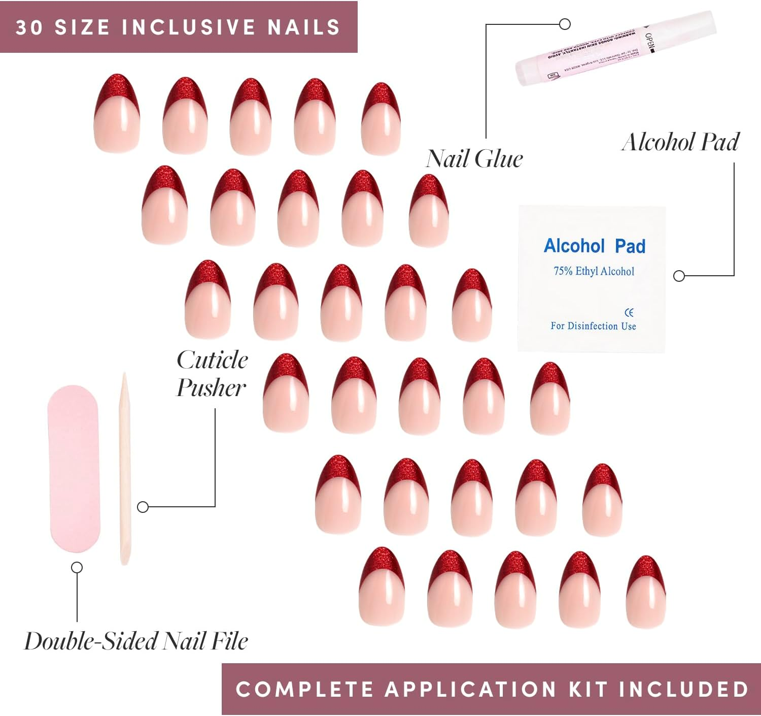 Glamnetic Press-On Nails - Red Affair | 30 Red Glitter French Tip Almond Nails with Glossy Finish | 15 Sizes - 1 Set of 30 Nails with Glue image number 4