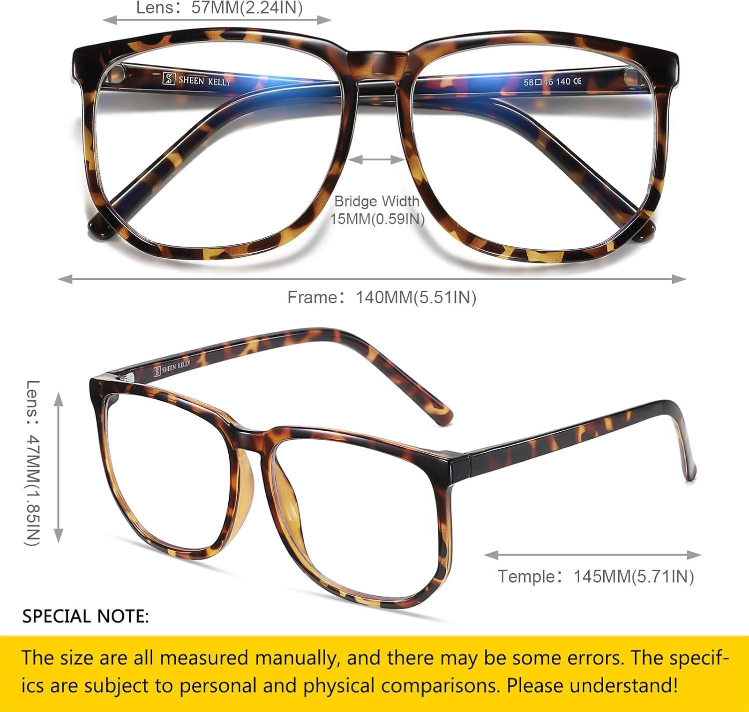 Oversiezd Large Frame Clear Lens Glasses anti Blue Light Square Anti-Fatigue Glasses Nerd Black/Tortoiseshell Tinted - 1 image number 7