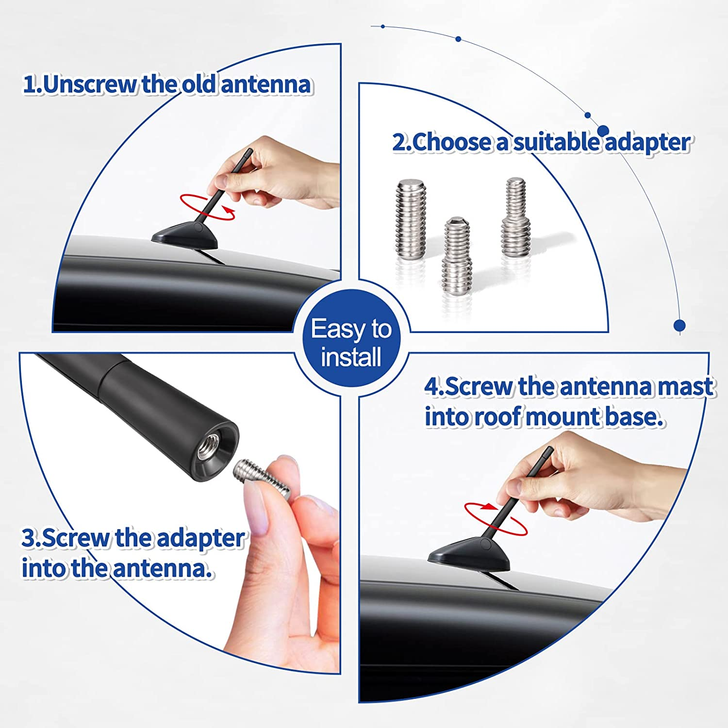 Universal Car Radio Antenna 7 Inch, Flexible Rubber Car Antenna Mast Replacement with M4 M5 M6 Thread Adapter(Color:Black) image number 2