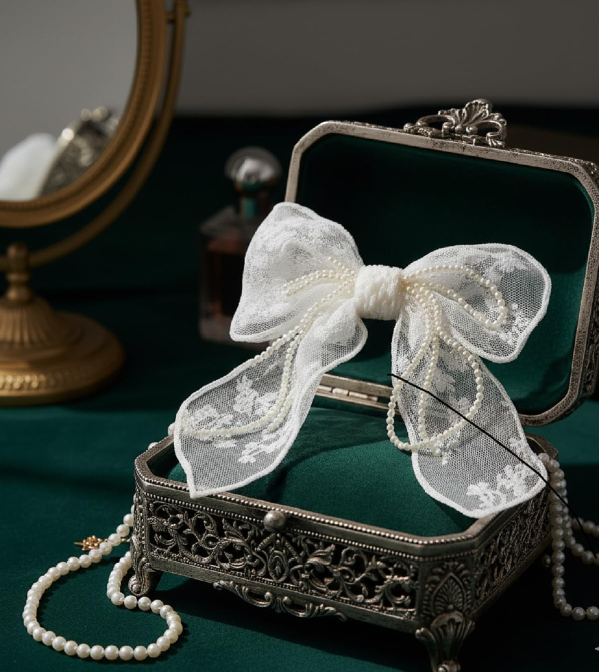 LIVSY Elegant Lace Bow Hair Clip for Women & Girls &ndash; Vintage Black Tie Hair Accessory, Large Barrette with Pearl Ribbon | Stylish Hair Clips, Hair Ties & Claw Clip Alternative - White image number 3