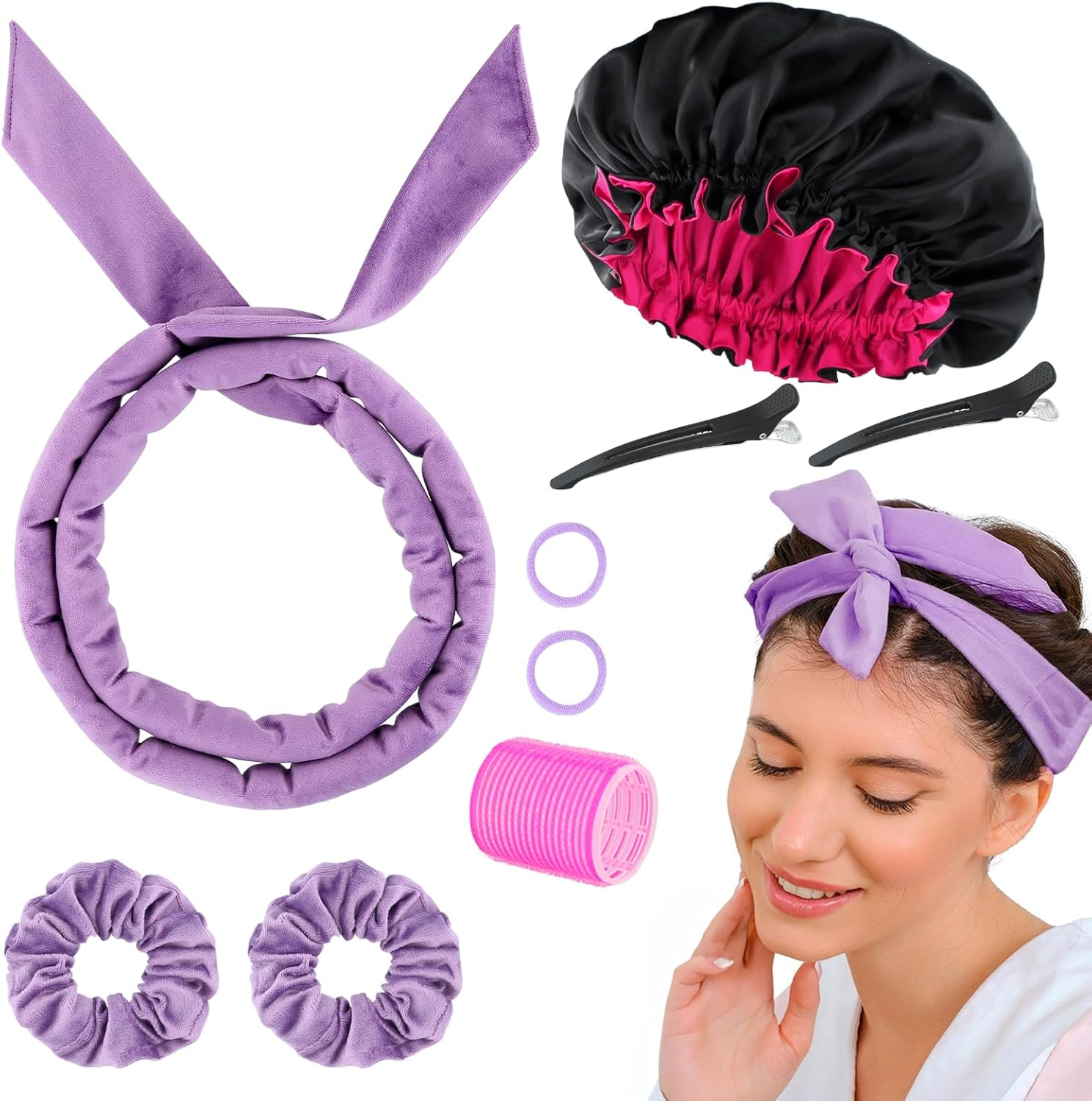 9 PCS Heatless Curlers Headband Set, Velour Heatless Curls, Soft and Comfortable Heatless Hair Curlers, Hair Curlers No Heat for Short & Long Hair (Purple, 9Pcs) image number 4