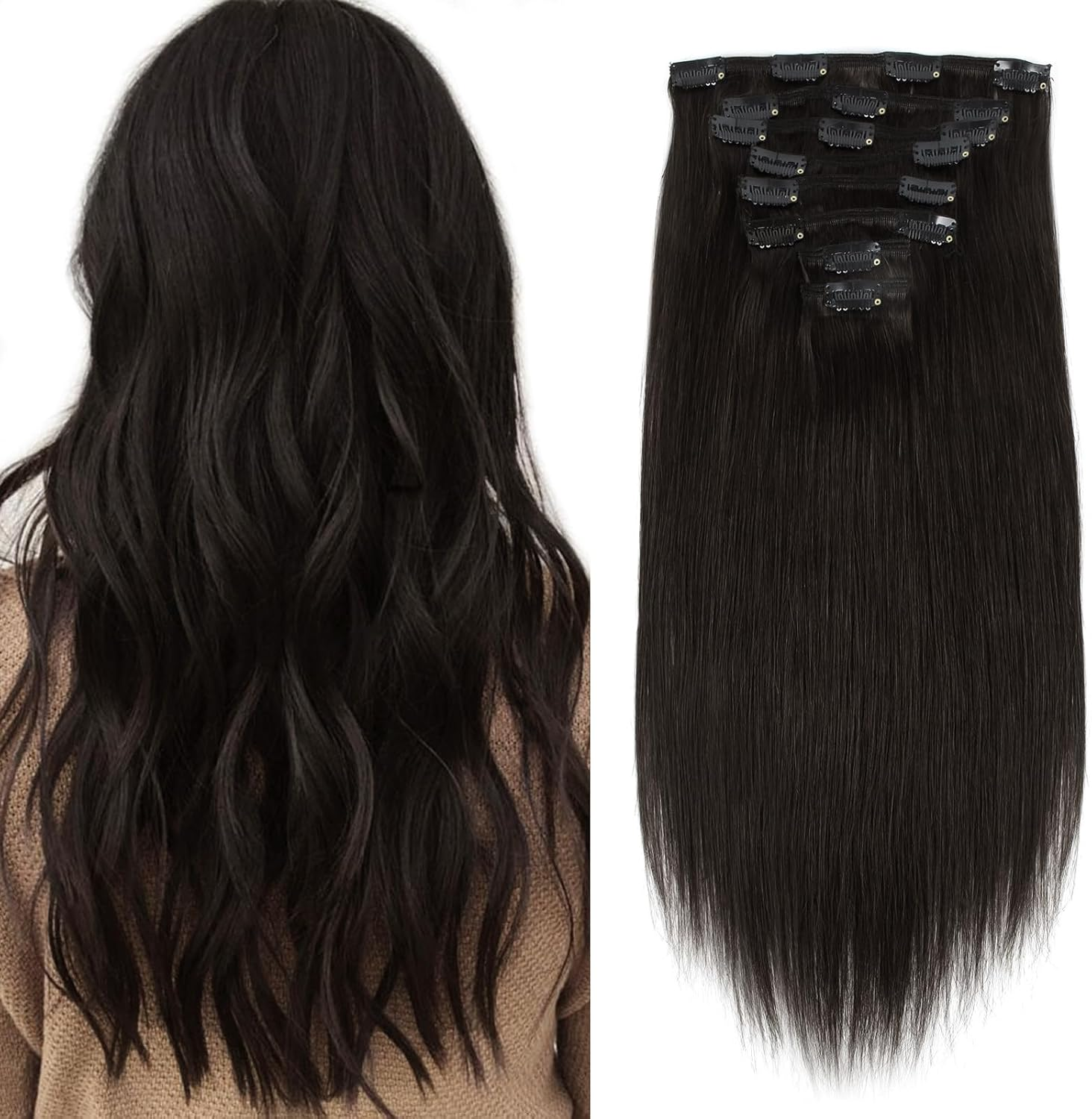 ABH AMAZINGBEAUTY HAIR 22 Inch Clip in Hair Extensions Real Human Hair Jet Black Straight Thick Remy Hair Extensions #1 8Pcs 120G