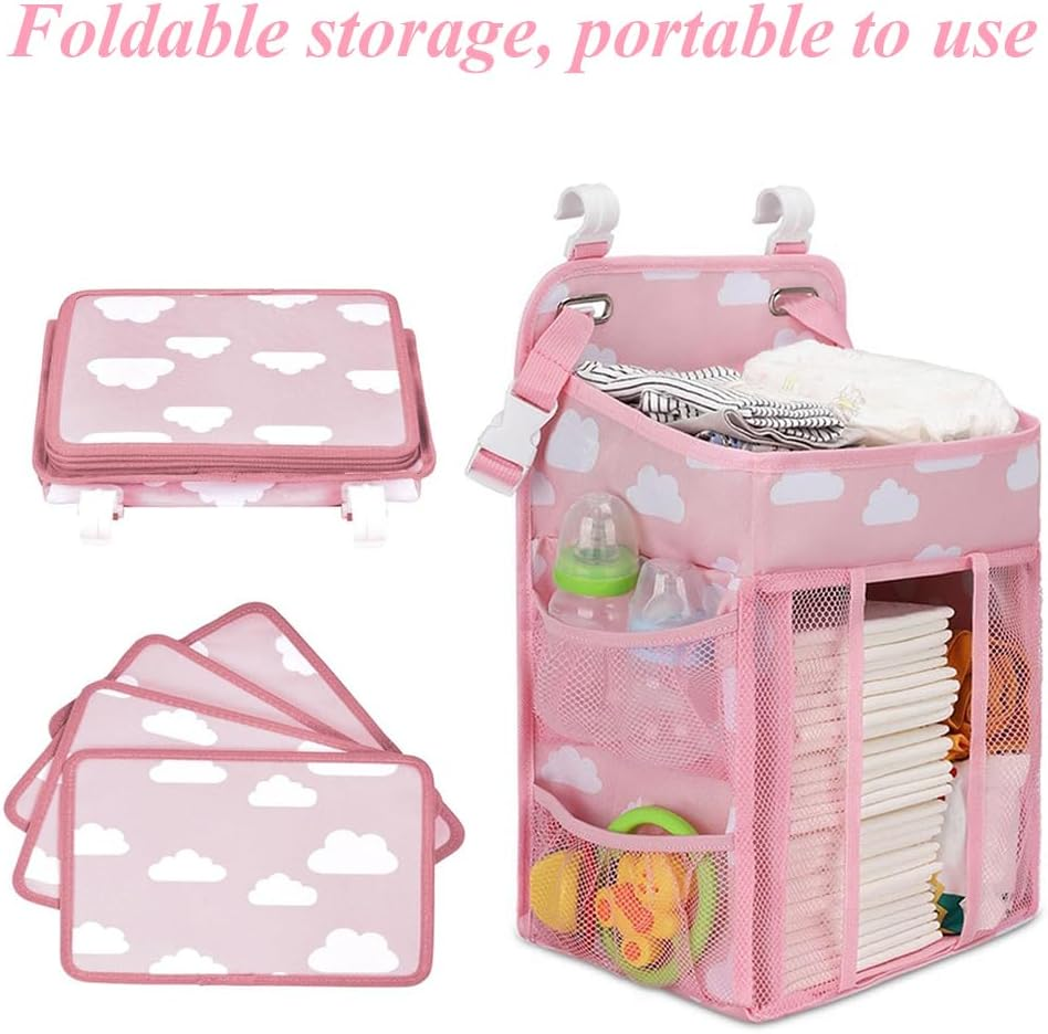 TOMVAES Hanging Nappy Organiser, Changing Table Caddy for Cot, Playard, Nursery with Mesh Pockets (Pink) image number 3