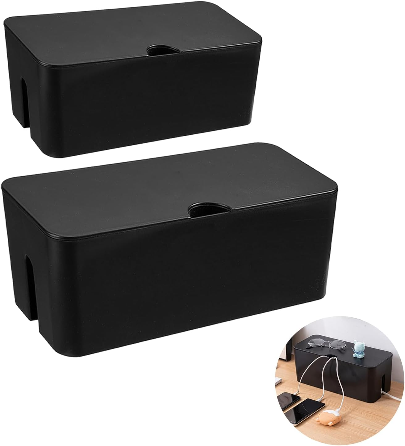 2 Pack Cable Management Box with Lid, Floor Outlet Hider and Cord Organizer for Desk, TV, Computer, USB Hub Systems, Cover Box to Hide Power Strips, Cords, and Surge Protectors image number 1
