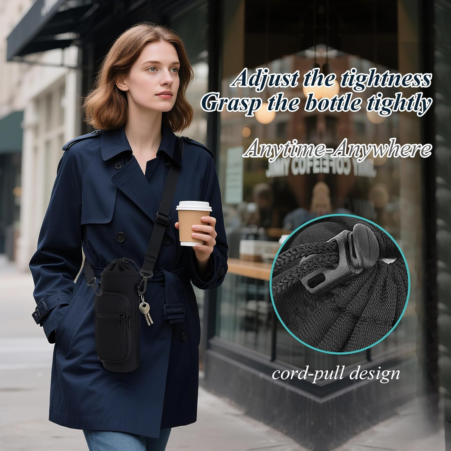 Pacify Water Bottle Carrier Bag 34Oz Water Bottle Shoulder Carrier Crossbody Sling Water Bottle Holder with Strap 2 Phone Pockets for Hiking Travelling Camping image number 4