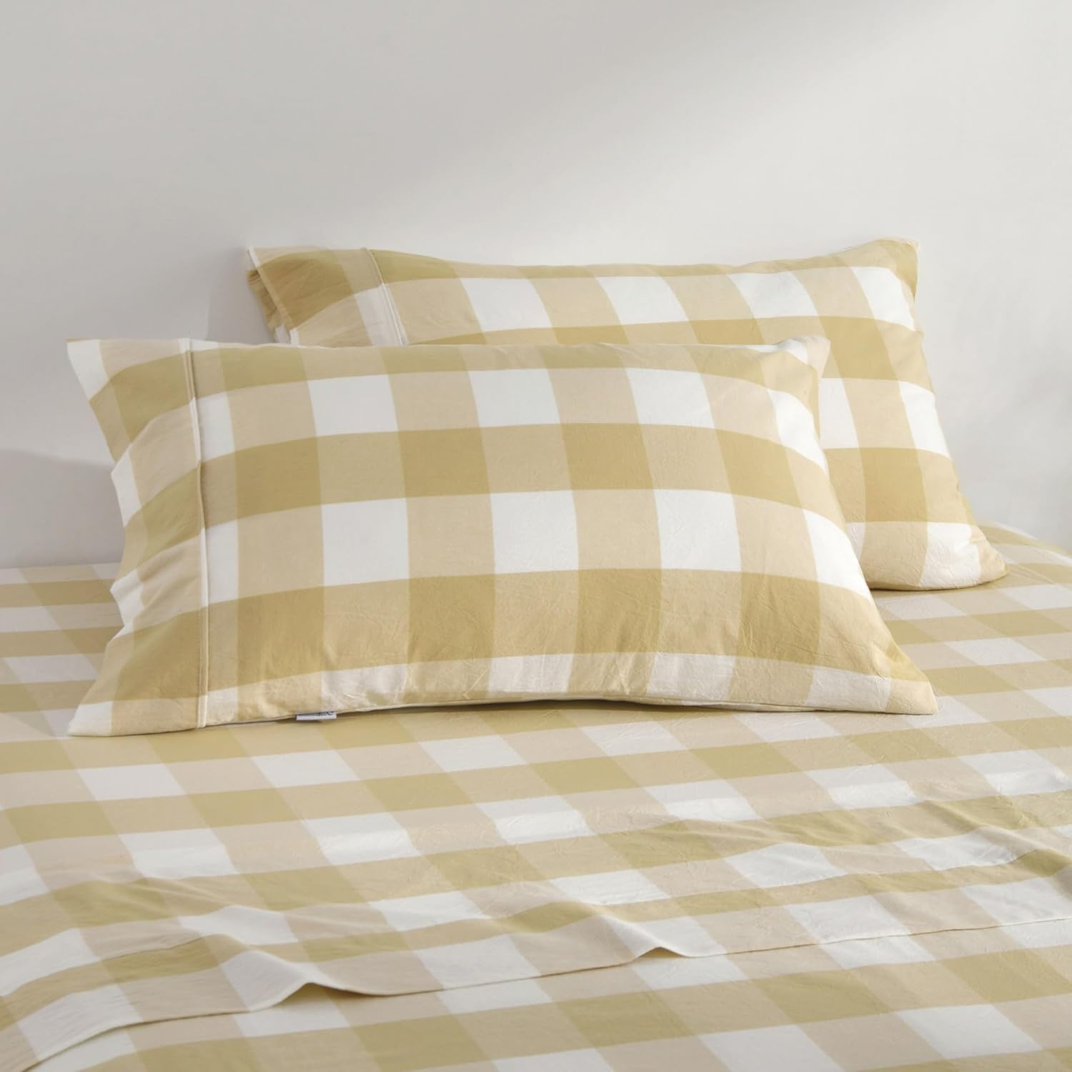 Dreamaker Single Sheet Set Remy Pre-Washed Cotton Yarn Dyed Check Bed Sheets All Seasons Long-Lasting Colour Breathable Ultra Soft Bedding Flat, Fitted Sheet Set Oeko-Tex Certified - Sand