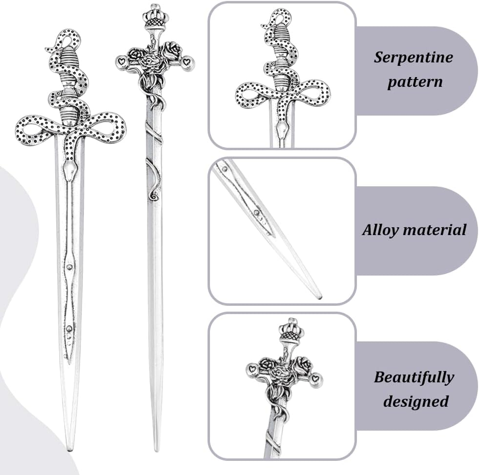 WEBEEDY 2 Styles Sword Hair Sticks Silver Rose Sword Hairpin and Snake Sword Hairpin Fashion Women Hair Pins for Buns Alloy Hair Chopsticks for Long Hair Accessories Valentine'S Day Mother'S Day Gifts image number 2