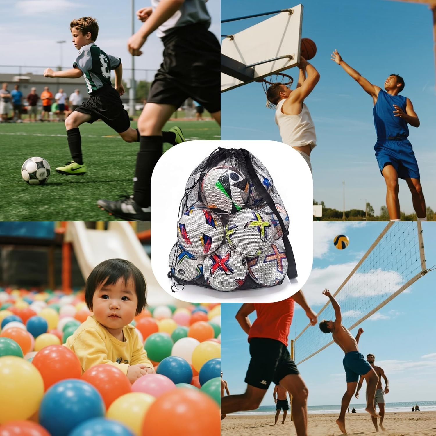 Sports Ball Bag Drawstring Mesh Medium 30X40 Inch Professional Equipment Bag with Shoulder Strap, Black Holds 10+ Soccer/Basketball Balls Ideal for Sports, Beach, Camping, and Events