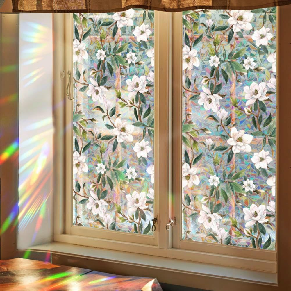 JOONOR Retro Gardenia Flowers Window Privacy Film,Gardenia Stained Glass Window Tint for Home,3D Rainbow Static Cling Sticker for Bathroom Living Room Glass Door,16.93 X 39.37 Inch