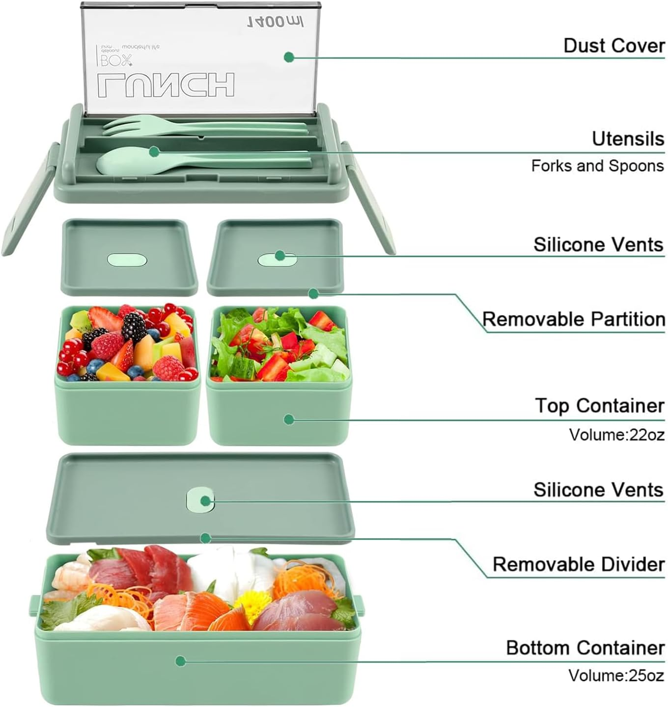 Lunch Box, 1400Ml Bento Box with Spoon Fork, Stackable 2 Layer 3 Compartments Leak Proof, Meal Prep Container for Adults Kids Students Office Microwave Dishwasher Safe image number 5