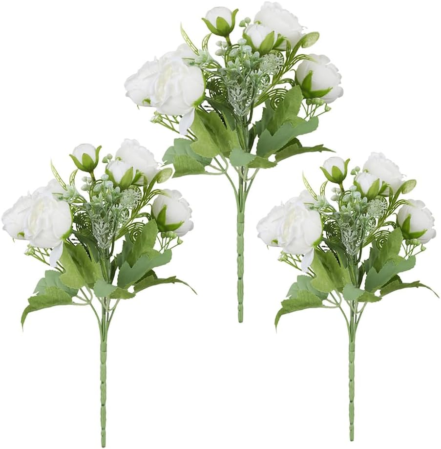 AU010-3 3 Bundles Artificial Plants with Rose Flowers, Plastic Material Faux Greenery for Home Bedroom Office Indoor Outdoor D&eacute;cor,30Cm(11.8") image number 4