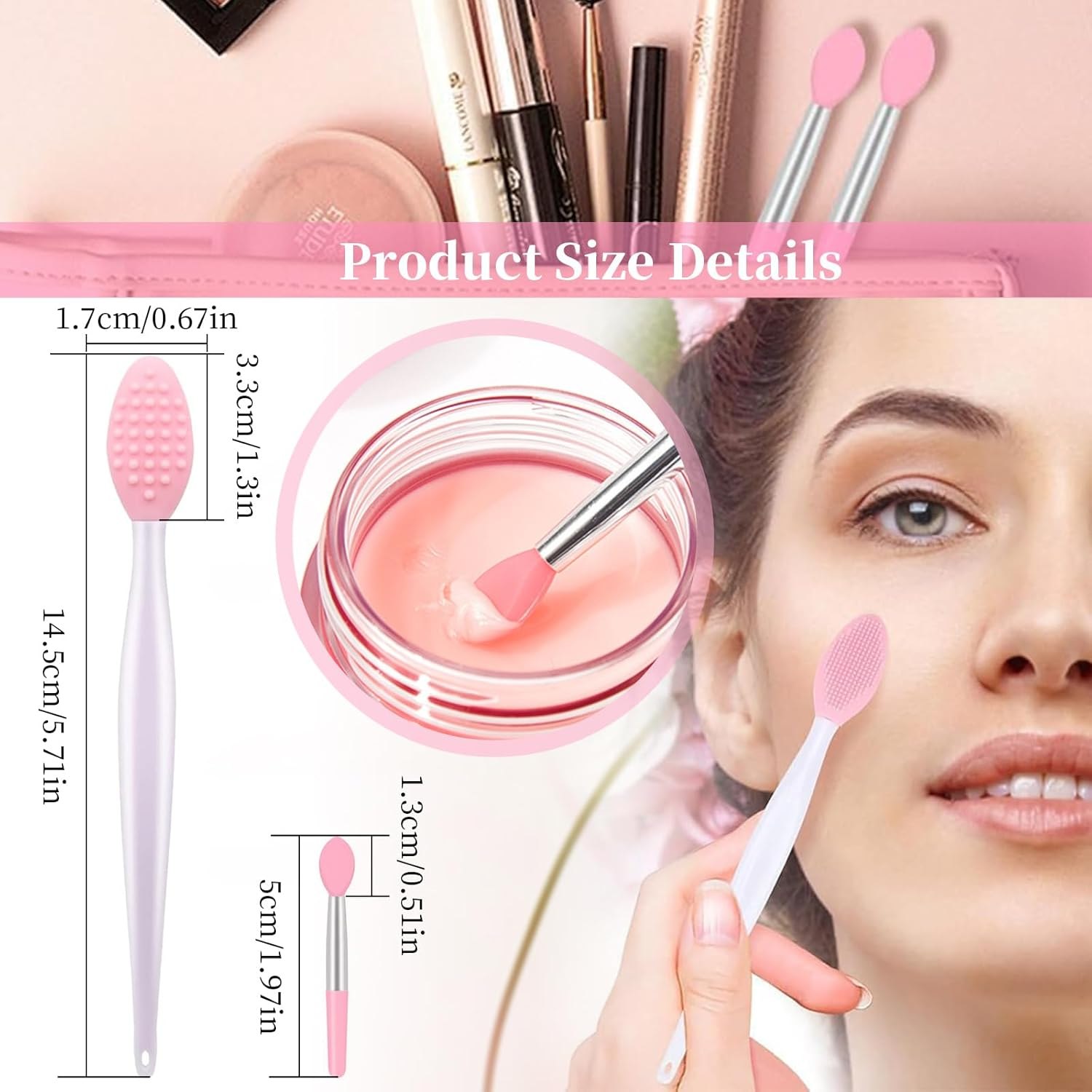 4 PCS Lip Brush & 4 PCS Nose Brush, Double-Sided Exfoliating Lip Scrubber, Soft Silicone Makeup Brushes & Applicator Tools for Smooth Lips & Nose, Gentle Exfoliation & Precise Balm Application (Pink) image number 4