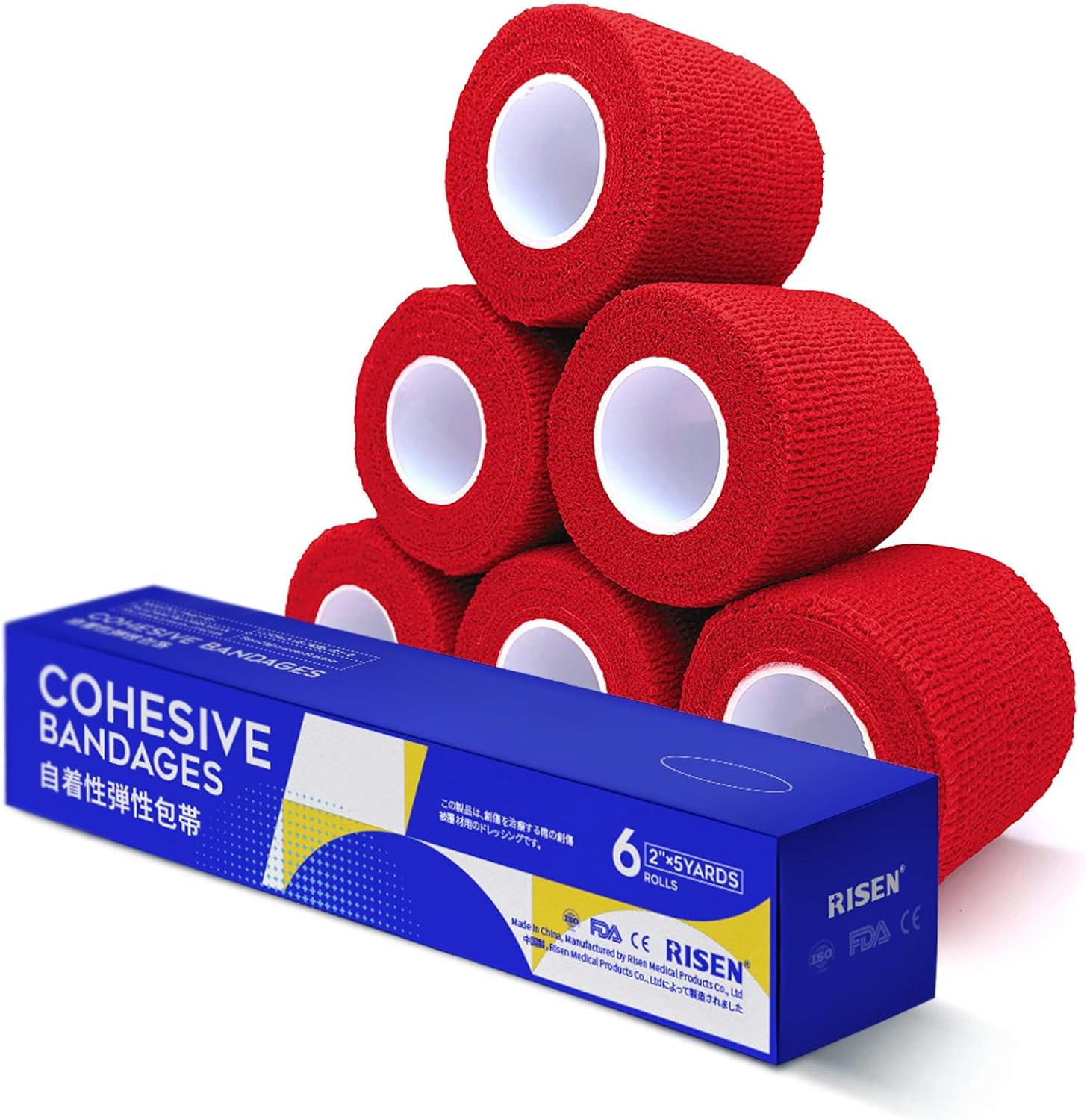 Risen Cohesive Bandage, 2" X 5 Yards, 6 Rolls, Self Adherent, Breathable, Ideal for Ankle Sprains, Sports, Human, Animal