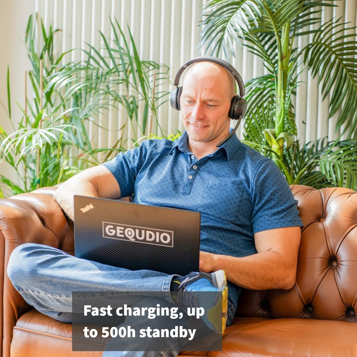 GEQUDIO GB-2 Bluetooth Headset with Microphone, Passive Noise Cancelling, Wireless Headphones, Connect 2 Devices Simultaneously (Smartphone, Mobile Phone, PC) Standby 500H (With USB Adapter, Charger, image number 2