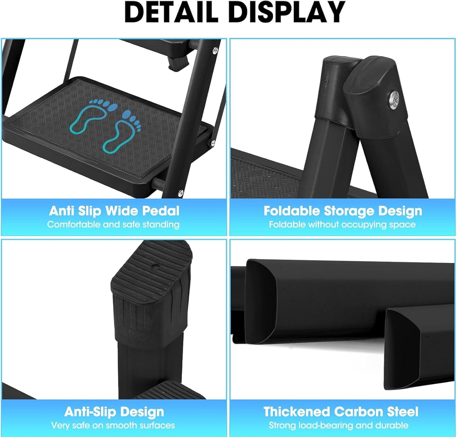 Foldable Black Step Ladder, 3 Step Stool with Wide Anti-Slip Pedal, Portable Sturdy Steel Ladder, 42 * 71 * 80Cm image number 5
