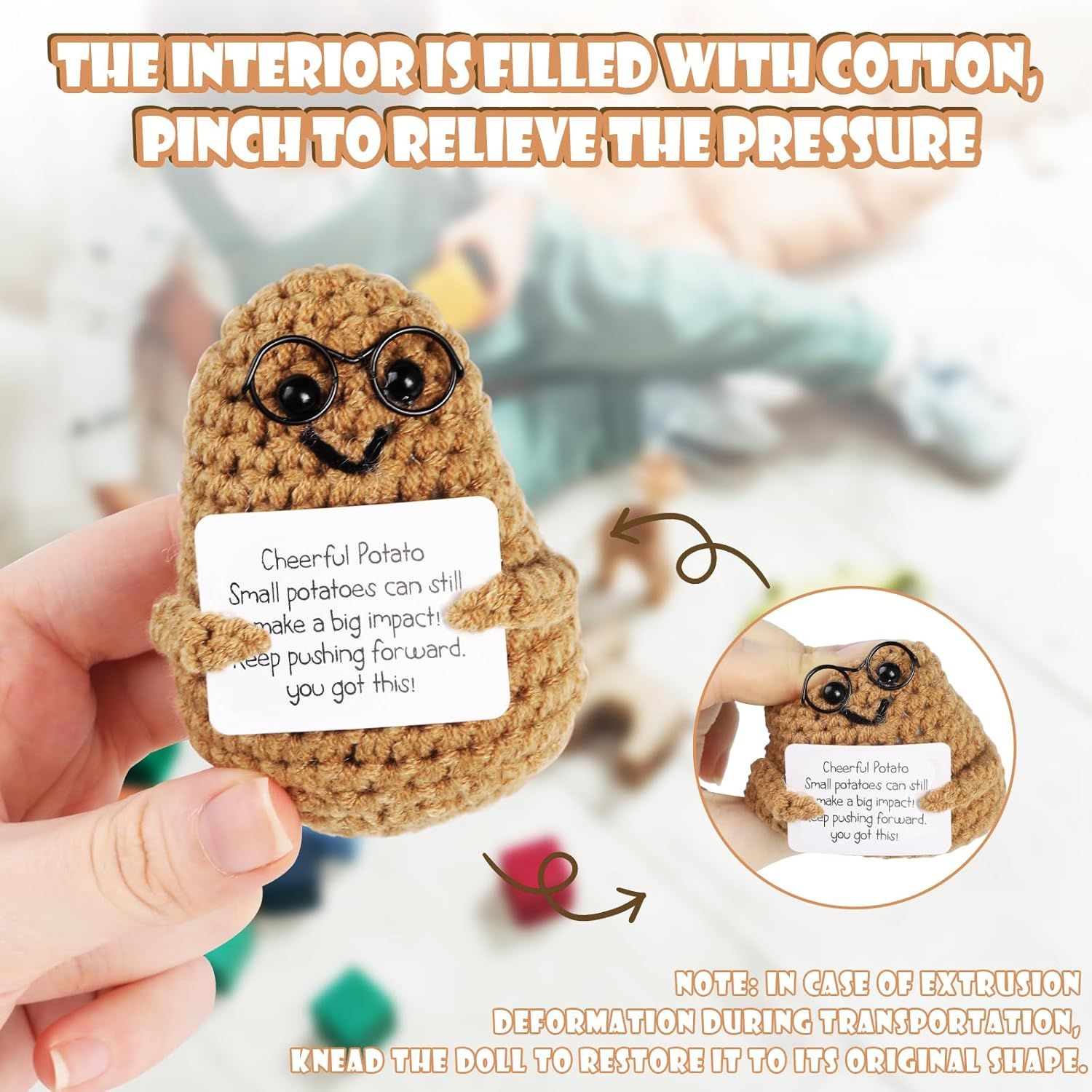 Positive Potato,Geeric Mini Funny Positive Potato+Base Knitted Ornaments Doll Handmade Decoration Positive Card Inspirational Potato Gifts Creative for Christmas New Year School Souvenirs Party Decor image number 2