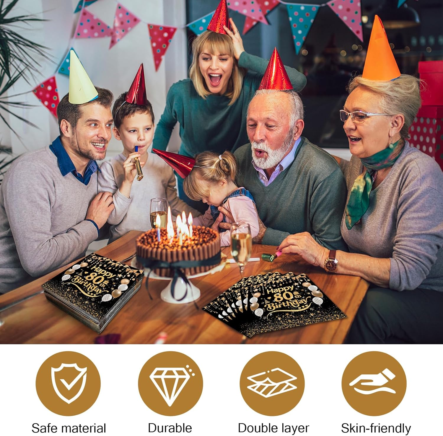 24PCS Black Gold 80Th Birthday Paper Napkins 13X13Inch 2-Ply 80 Th Disposable Paper Birthday Napkins Serviettes Table Decorations Dinner Paper Napkins for Men Women 80 Th Birth Decoration (80Th) image number 3