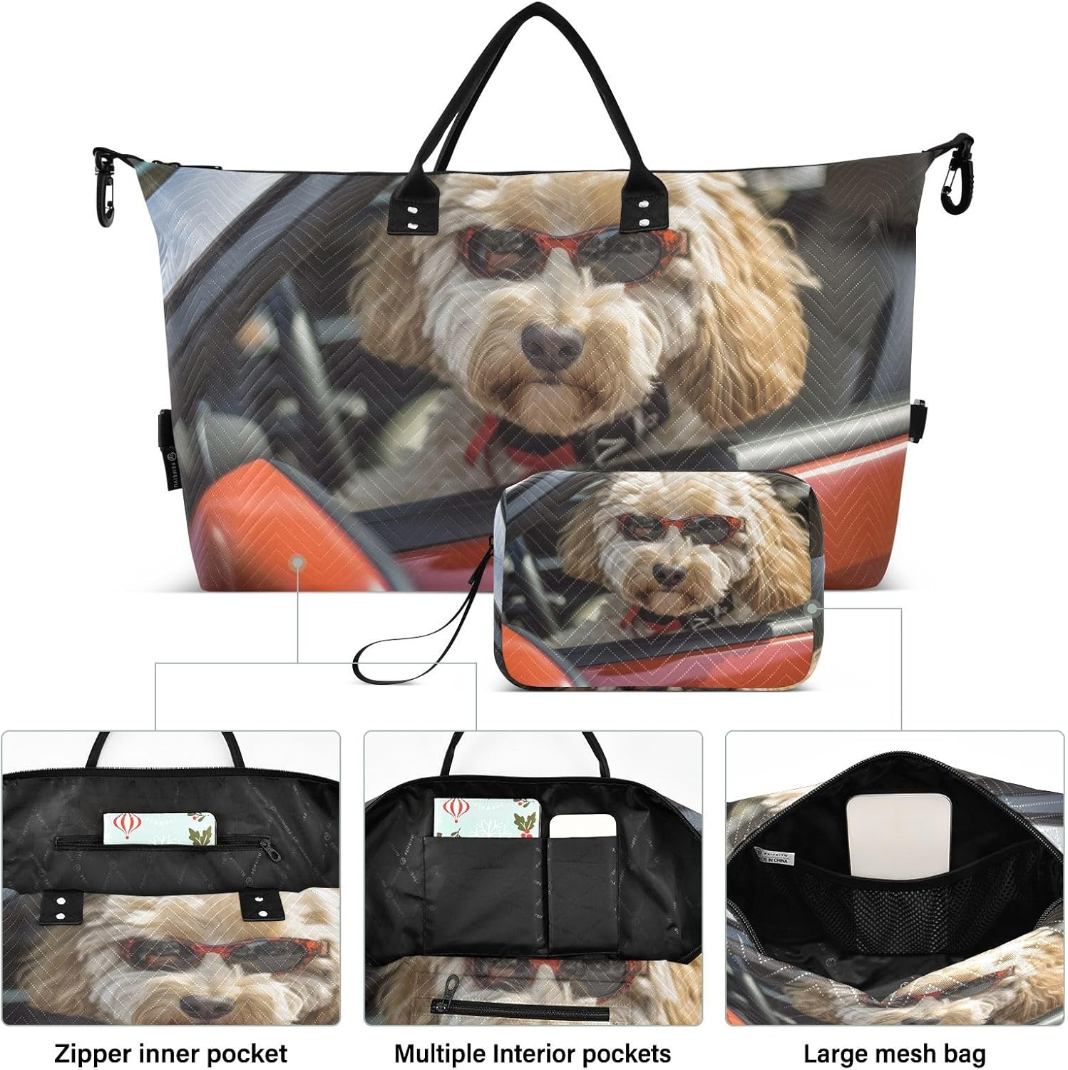 WOIWB Duffel Bag Set with Toiletry Bag for Travel Gym Sport, Luggage Sleeve Weekender Bag Carry on Overnight Bag-Dod Nice Car Print, Multicolor, 20.5 X 7.9 X 13.8 Inches+9.1 X 3.5 X 5.9 Inches image number 4