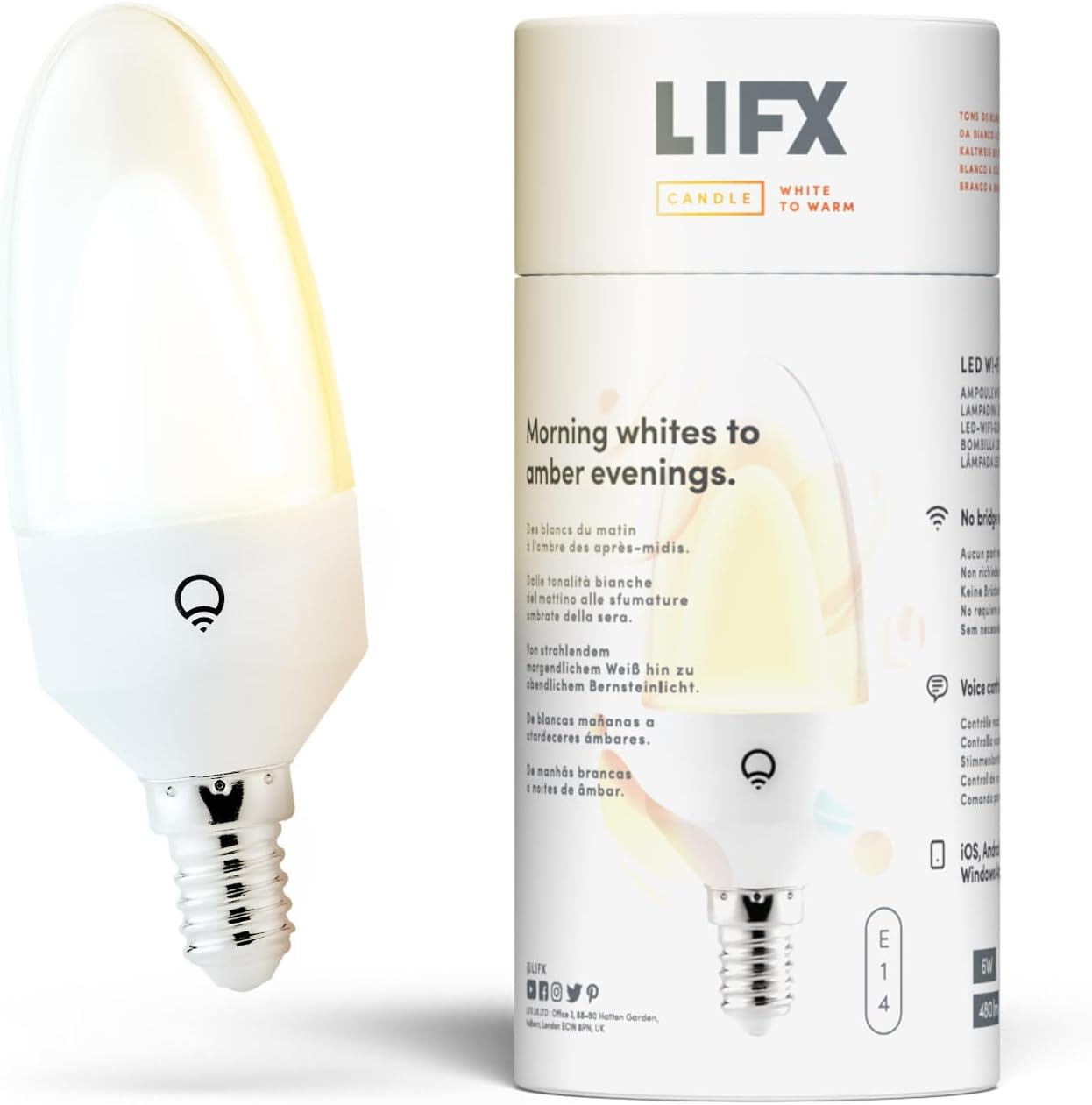 LIFX Candle White to Warm [E14 Edison Screw], 480 Lumens, Wi-Fi Smart LED Light Bulb, Tunable White, Dimmable, No Bridge Required, Compatible with Alexa, Hey Google, Apple Homekit 1 Count (Pack of 1) image number 1