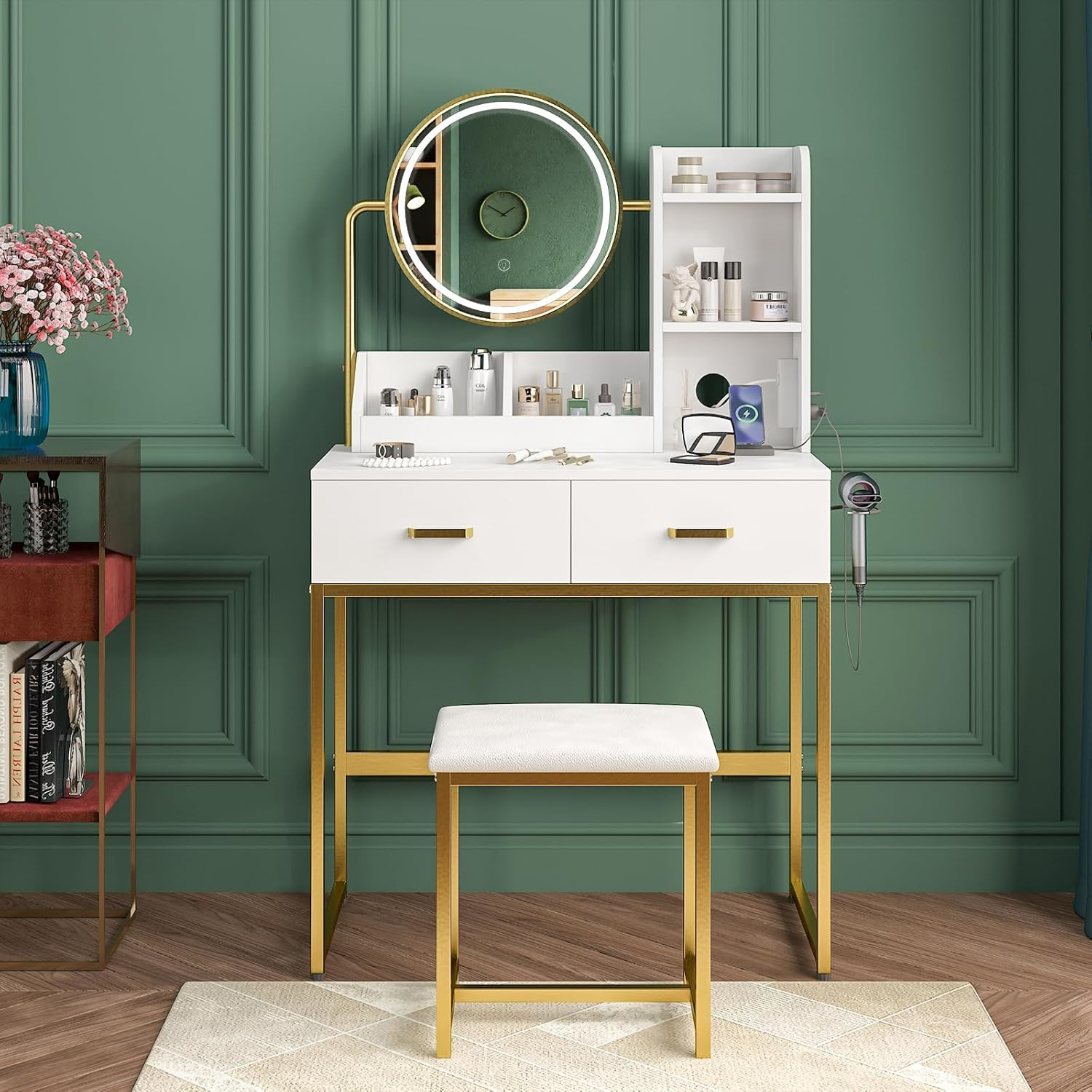 Ufurniture Makeup Vanity Desk Stool Set with LED Light and Charging Station, Dressing Table with 360&deg;Rotating Mirror, Drawers Trays and Shelves Storage for Bedroom, Metal Frame (White Golden)