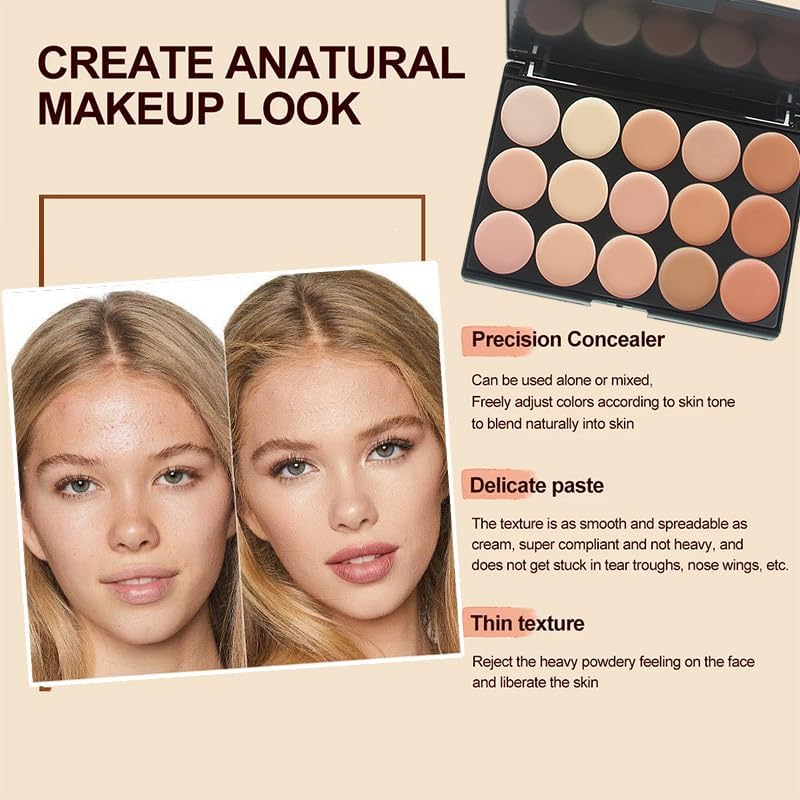 Cream Contour Makeup Palette，Color Correcting Face Contouring Concealer Kit, Concealer Palette with Brush for Makeup Covering up (15 COLOR)