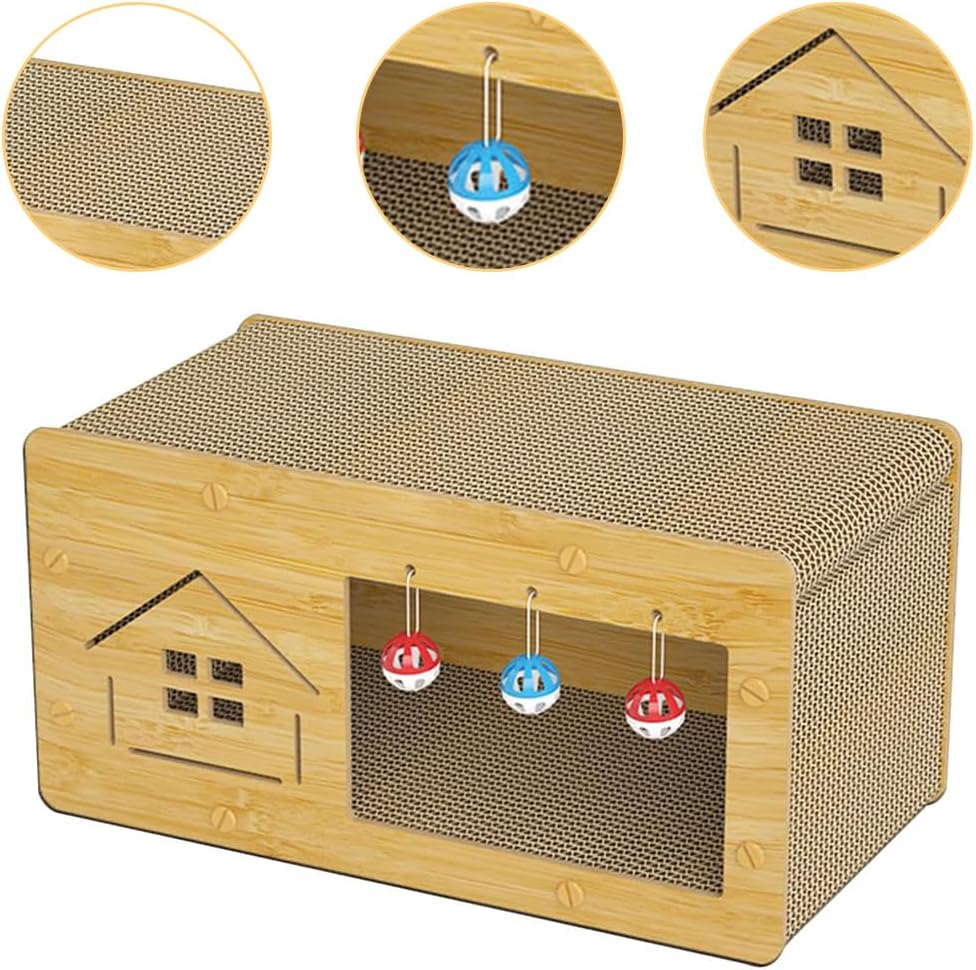 Cat Scratcher House with Cat Cardboard Pad, Wooden Cat Scratcher House with Ball with Bell, Large Space Let Your Kitties Scratch, Play, & Rest Cardboard Cat House Easy to Assemble 60X30X30 Cm image number 4