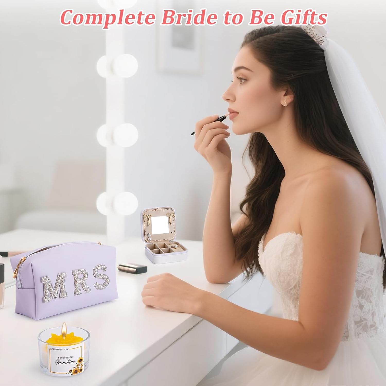 7Pcs Bride to Be Gifts, Bridal Shower Bachelorette Gift Set, Unique Engagement Wedding Day Basket for Women Her Wifey Future Mrs, Including Makeup Bag Slippers Hair Clip Scented Candles Jewelry Box image number 2