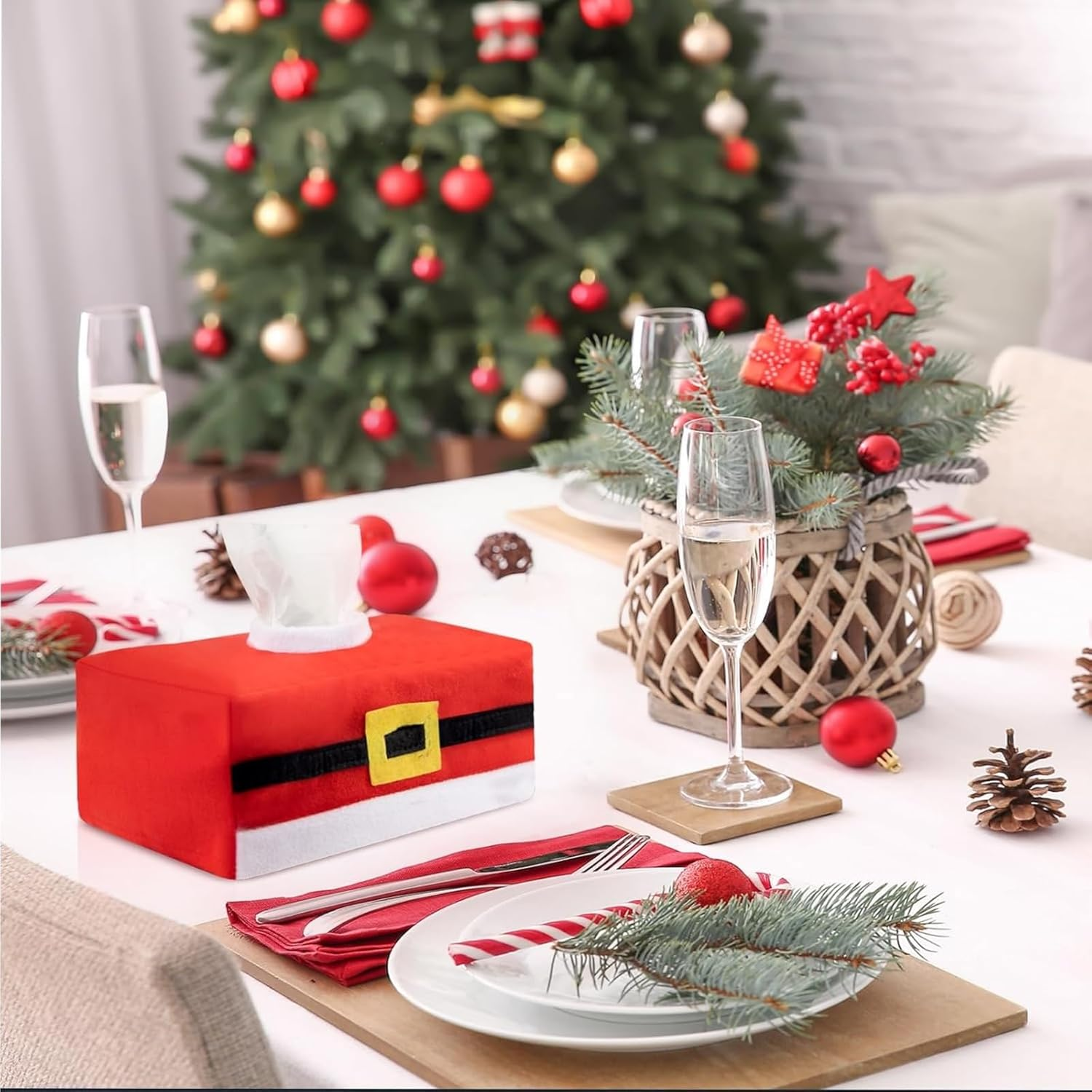 2 Packs Christmas Tissue Box Covers, Rectangular Santa Belt Paper Towel Holders, Festive Tissue Box for Car, Living Room, Kitchen and Holiday Decorations image number 1