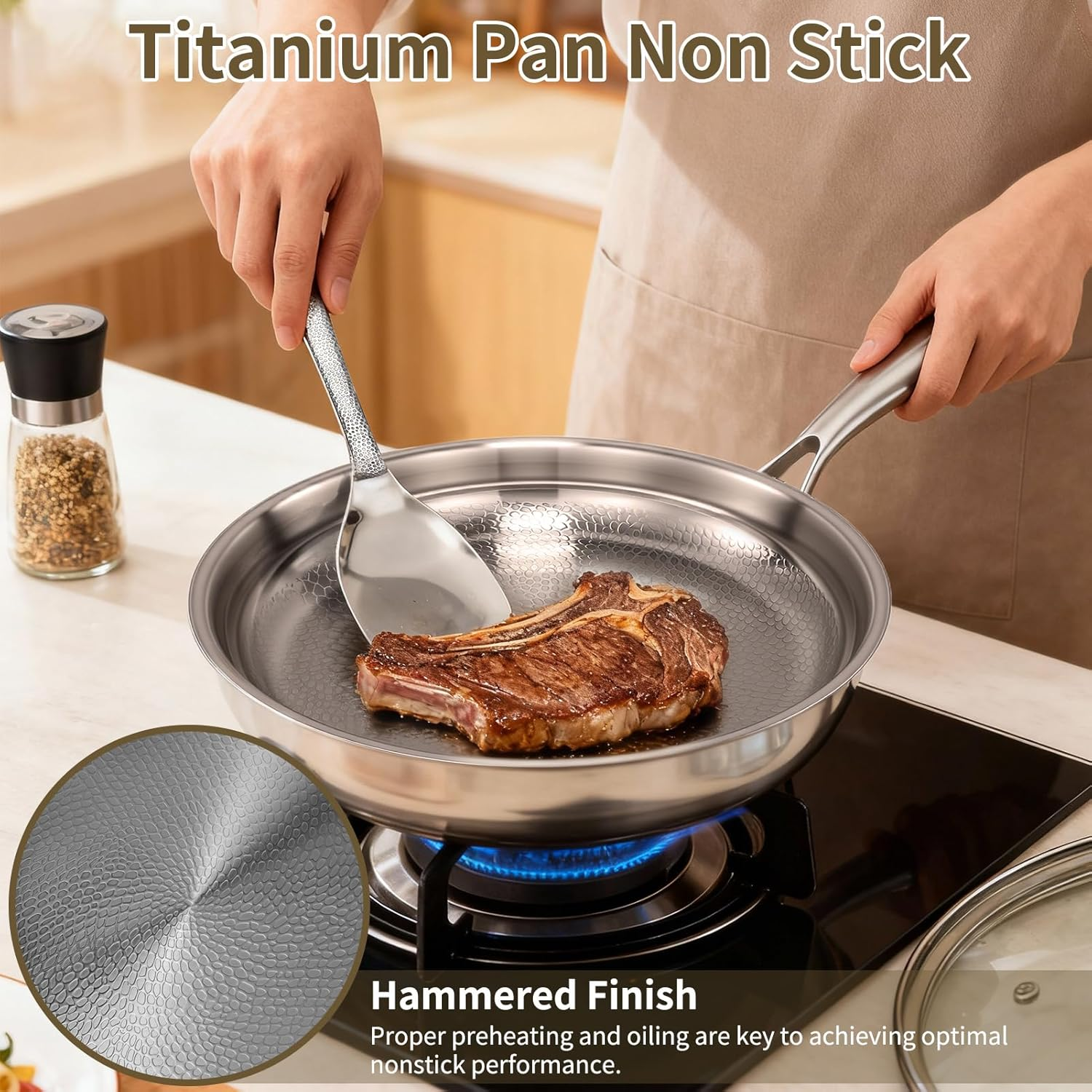 Titanium Hammered Pan Pro for Cooking, Titanium Panwith Lid, Stainless Steel Cookware Non Stick, Even Heating for Cooking (26Cm) image number 2