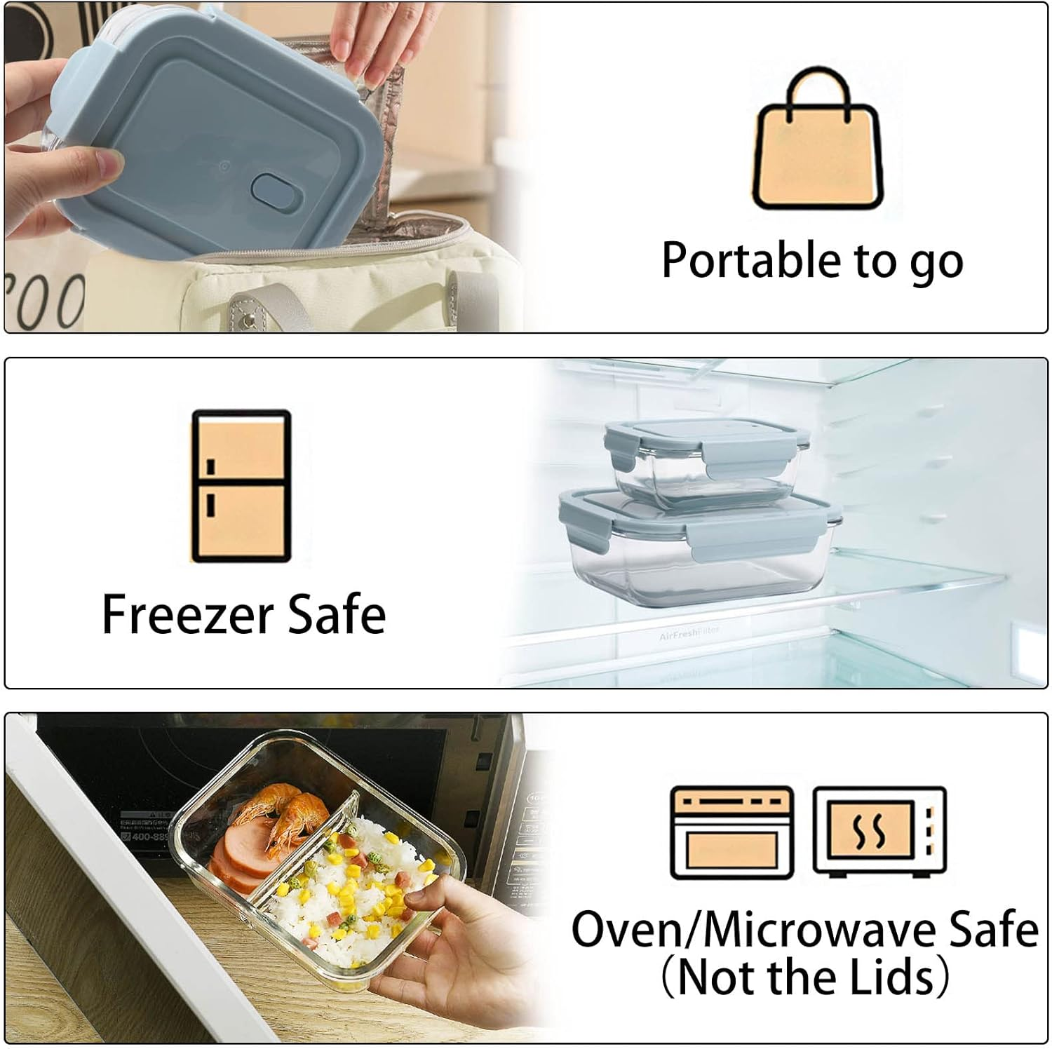 10 Pieces Glass Meal Prep Containers, Food Storage Containers with Lids Airtight, Glass Lunch Boxes, Microwave, Oven, Freezer and Dishwasher Safe 1040Ml and 410Ml image number 5