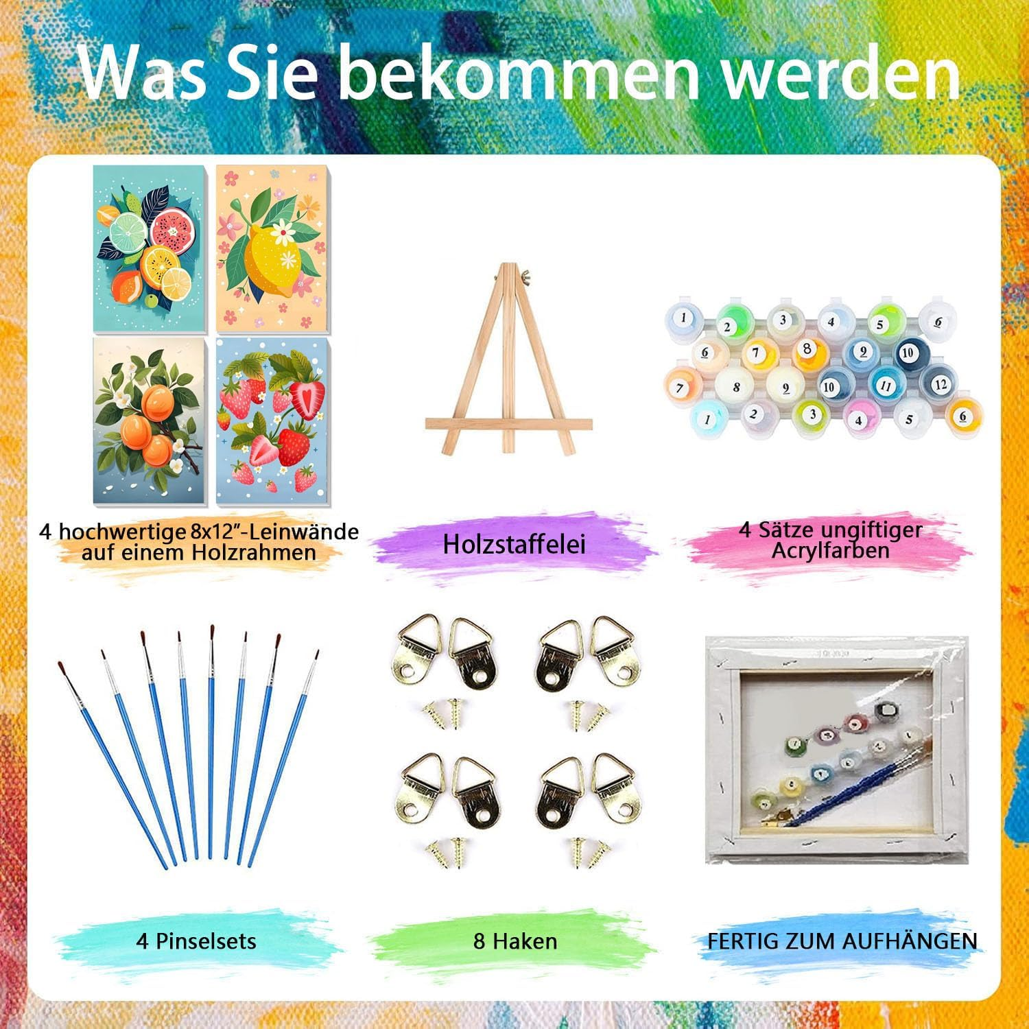 Pack of 4 Paint by Numbers Adults with Frame - Wooden Easel, Fruit Painting by Numbers for Beginners, DIY Simple Fruit Acrylic Oil Painting Kits with Brushes for Home Wall Decor, 20 X 30 Cm - Bkh1331+Bkh1332+Bkh1333+Bkh1334 image number 6