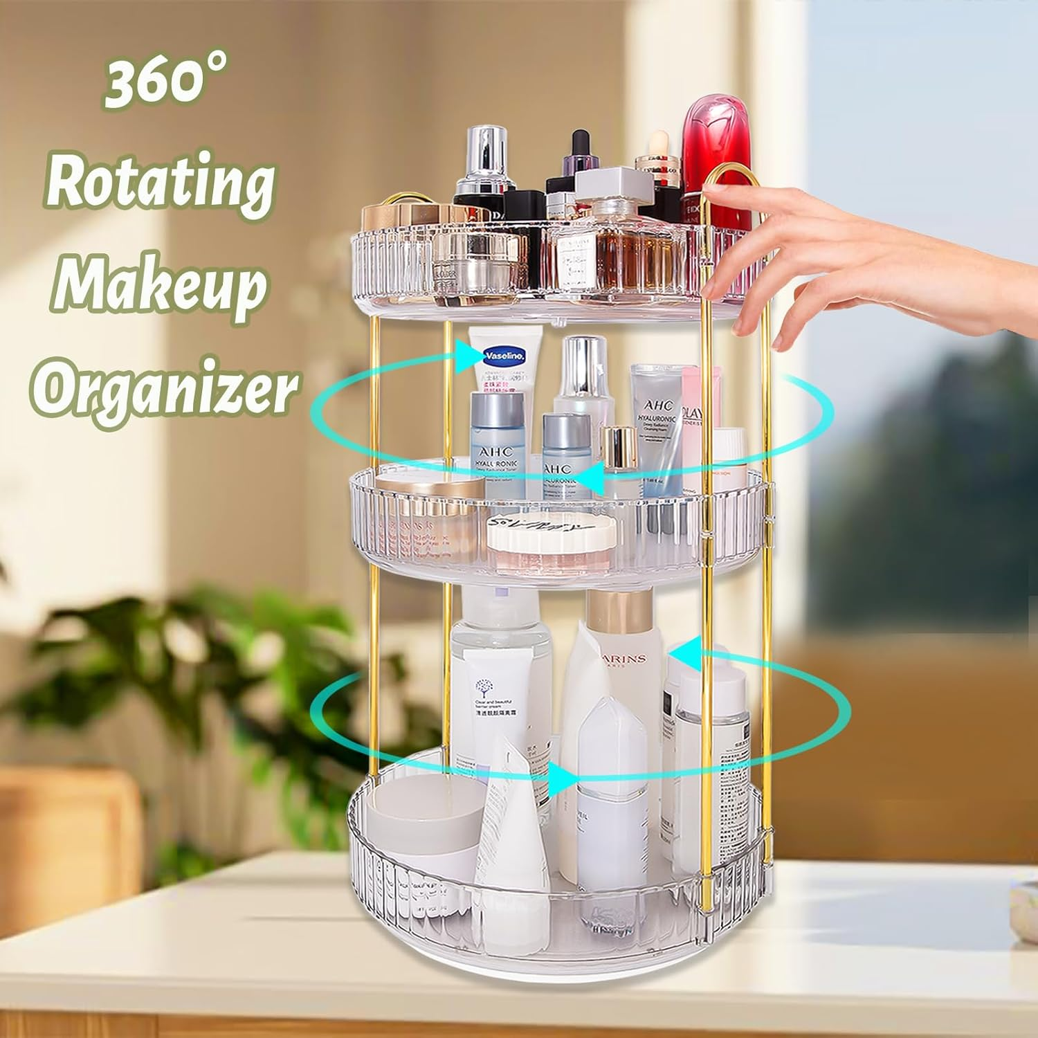 VNIMTI Skincare Organisers 360 Rotating, 3 Tier Makeup Organiser Countertop, Spinning Cosmetics Organiser Display Cases, Beauty Storage for Vanity, Countertop, Bathroom (Clear-3 Tier) - Grey image number 2