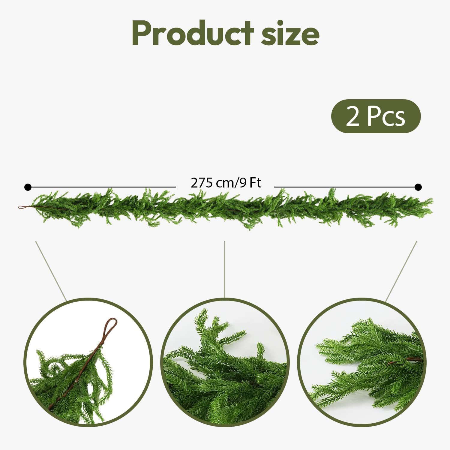 9Ft 2PCS Artificial Norfolk Pine Garlands, Real Touch Winter Pine Garland, Green Artificial Greenery Garland for Table, Mantle, Wall, Indoor, Outdoor Christmas Decorations - 9Ft 2PCS image number 5