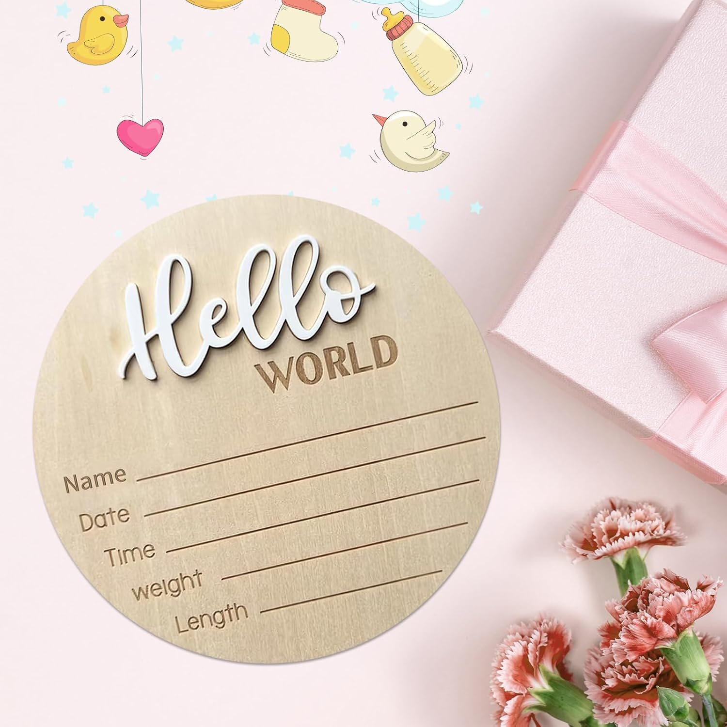 Baby Announcement Sign, ​5.9 Inch Wooden Hello World Newborn Signs, Birth Announcement Sign, Baby Shower Hospital Nursery for Newborn Boys and Girls (White) image number 2