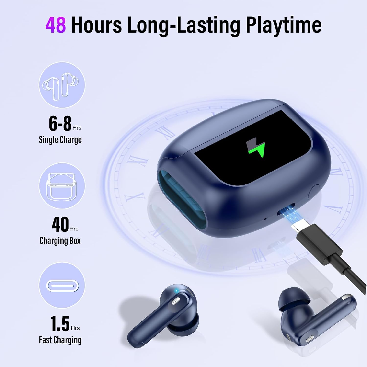 Touchscreen Bluetooth Headphones, In-Ear Headphones, Wireless Bluetooth 5.4 with ANC+ENC Noise Cancelling Mic, 48 Hours Immersive Deep Bass Earbuds, Blue image number 2