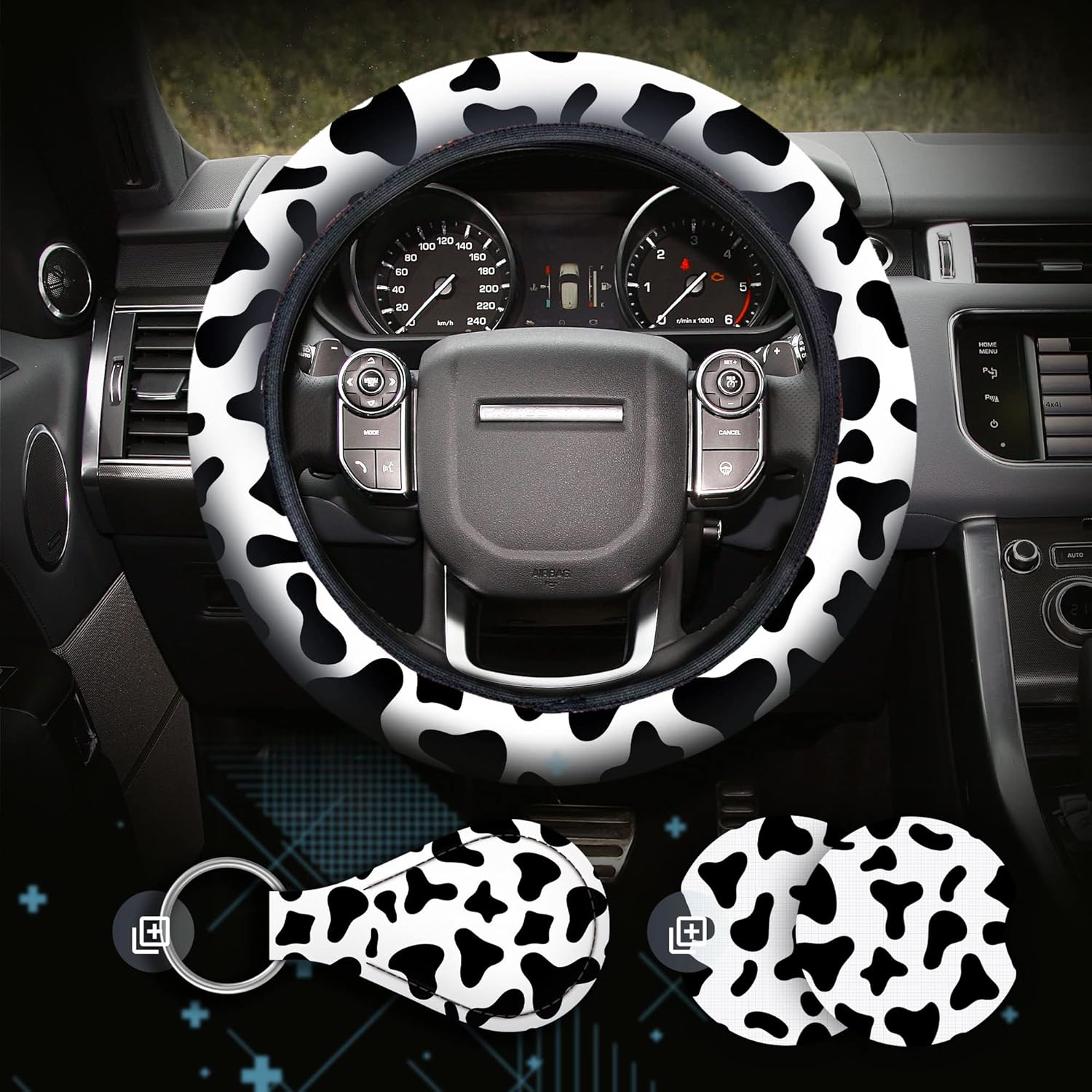 4 Pieces Mandala Purple Lotus Steering Wheel Cover Set with 2Pcs Car Cup Coasters & Quarter Keyring, Cute and Fashionable Non-Slip Purple Steering Wheel Cover, Universal Fit 14-15.5 Inches