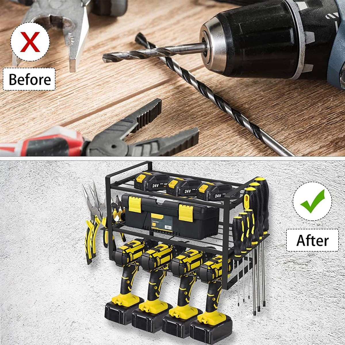 AIMALL Heavy Duty Power Tool Rack Organizer &ndash; Wall Mount Drill Holder with 3 Layer Storage, Durable Iron Construction, Black, 16.54 X 7.87 X 9.45 Inches image number 2