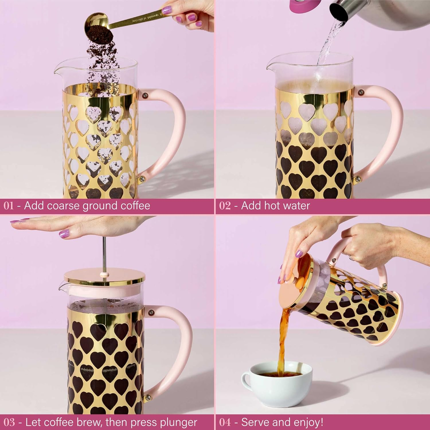 Paris Hilton French Press Coffee Maker with Heart Shaped Measuring Scoop, 2-Piece Set, 8-Cup or 34-Ounce, Pink image number 6
