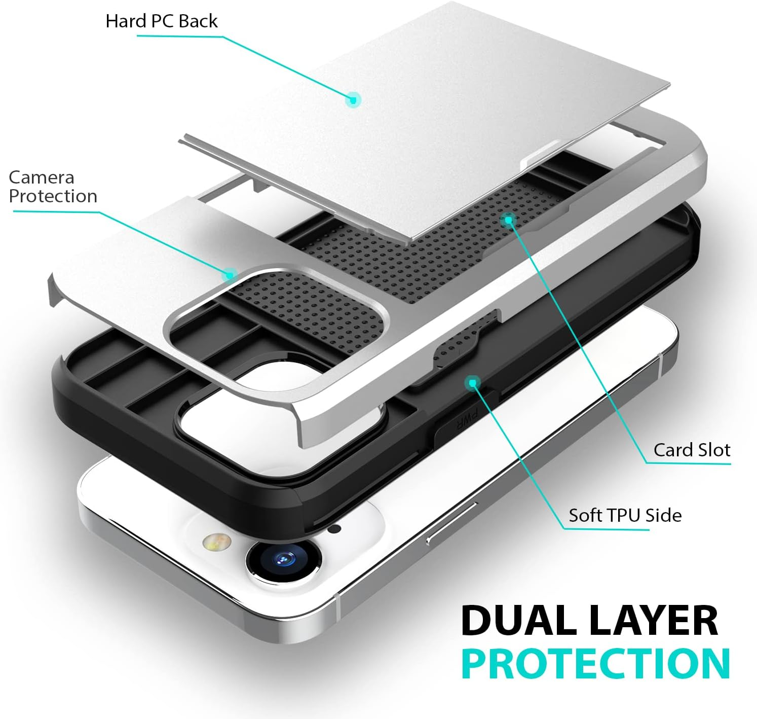 ZUSLAB Iphone 14 Case Slide Armor Card Holder Protective Shockproof Hard Back Cover for Apple - Silver - Green image number 6