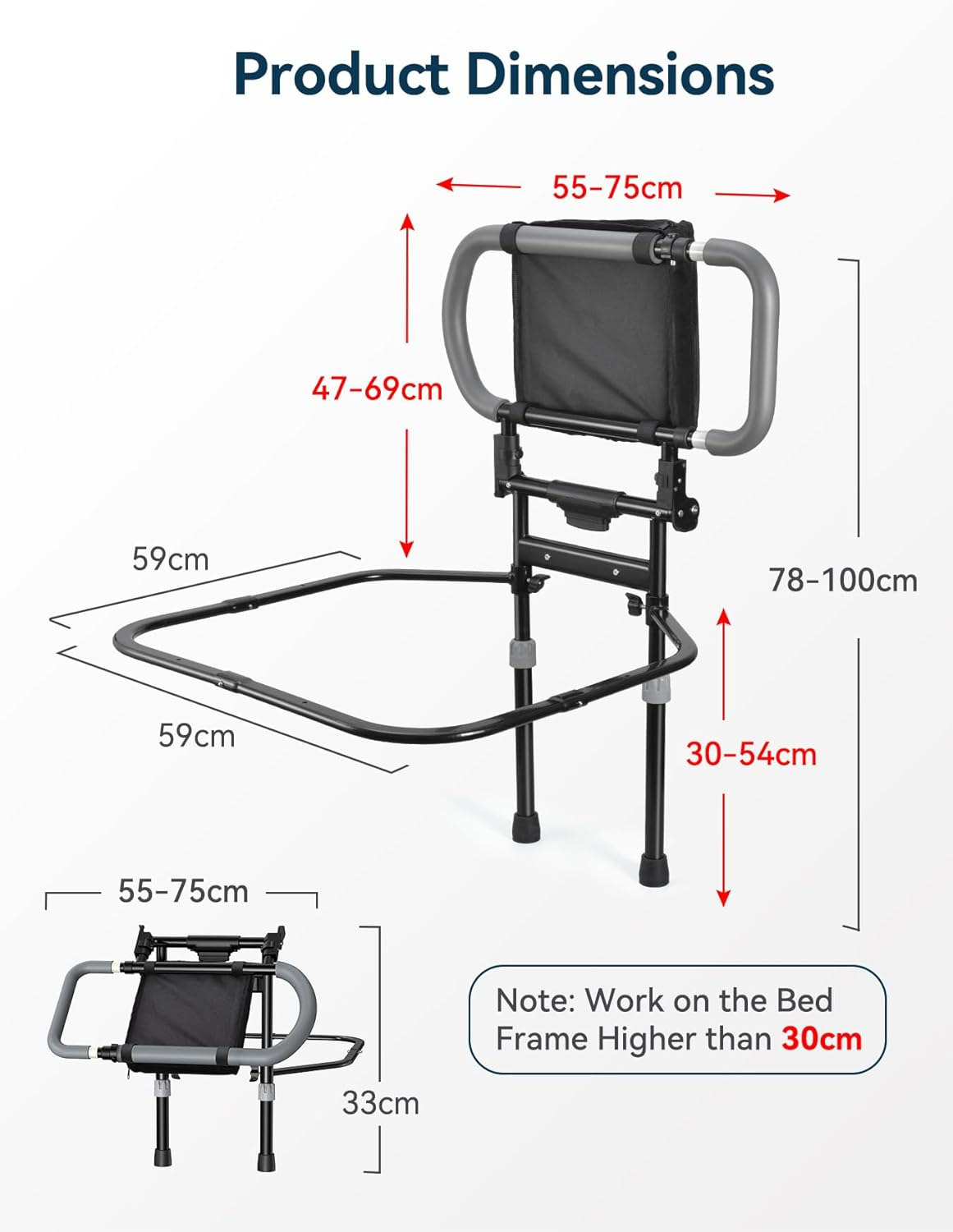 Lyrifine Bed Rail, Foldable Bed Rail for Elderly with Storage Pocket, Extendable Handle, Height Adjustable Bed Rails with Floor Support, Easy to Get in or Out of Bed image number 2
