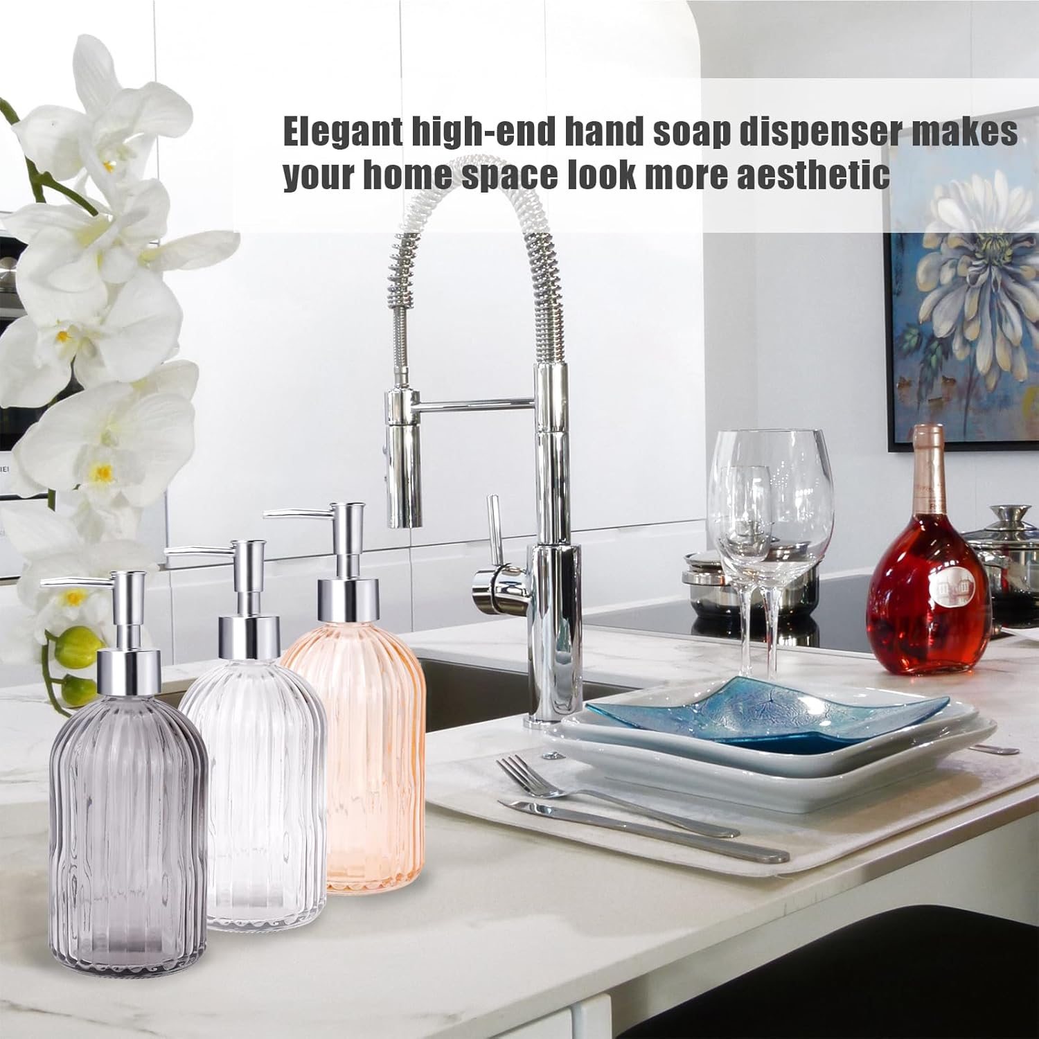 RETON 3 Pack Soap Dispenser Set, 14 Oz Clear Glass Soap Dispenser with Rust Proof Plastic Pump, Refillable Liquid Hand Soap Dispenser, Bathroom Soap Dispenser for Kitchen Countertop (3 Colors) image number 2