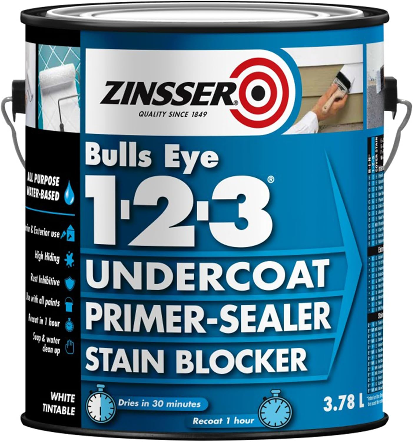 Zinsser Bulls Eye 1-2-3 Water-Based Primer & Sealer | Quick-Dry, High-Adhesion Undercoat for Interior & Exterior Surfaces | Mould & Mildew Resistant, White, 3.78 Litre image number 2