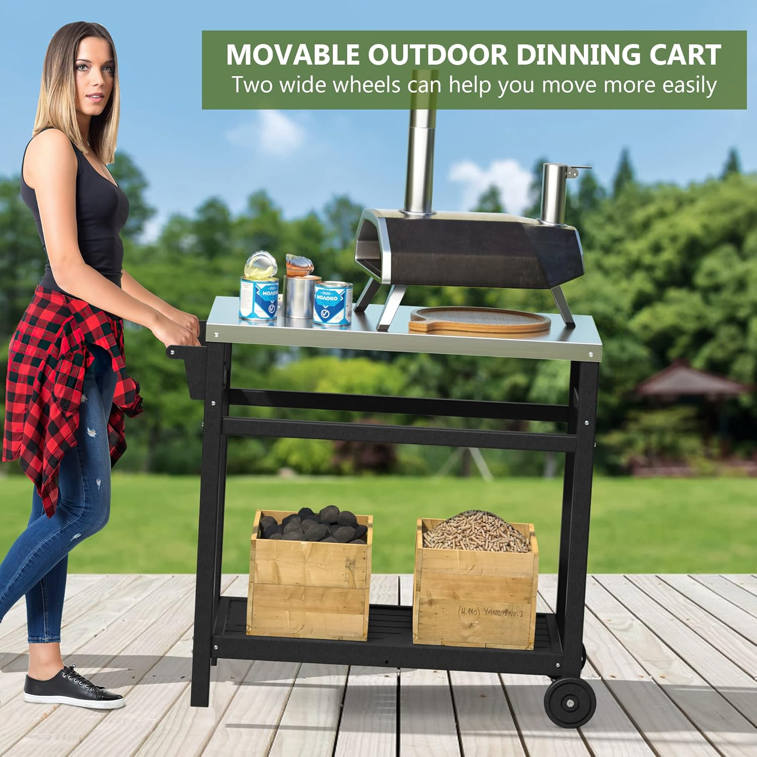TORVA Outdoor Prep Cart,Portable Dining Table for Pizza Oven, Double-Shelf Patio Grilling Backyard BBQ Grill Cart(Black) image number 4