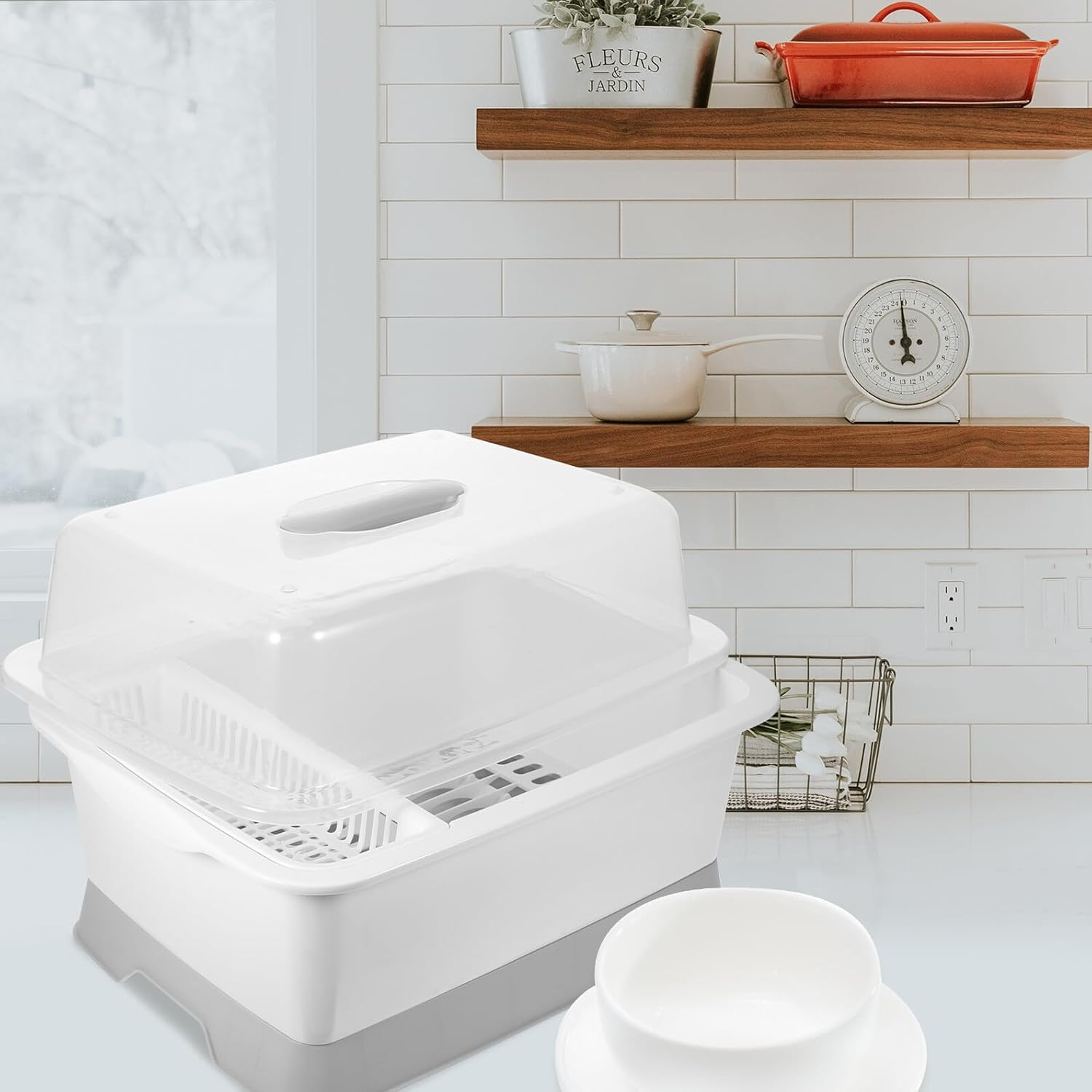 COHEALI Lid Kitchen Tableware Organizer with Ventilated Dish Drying Rack Removable Drip Tray Portable Medium-Sized PP Utensil Holder for Bowls Plates Forks and Spoons Storage image number 6