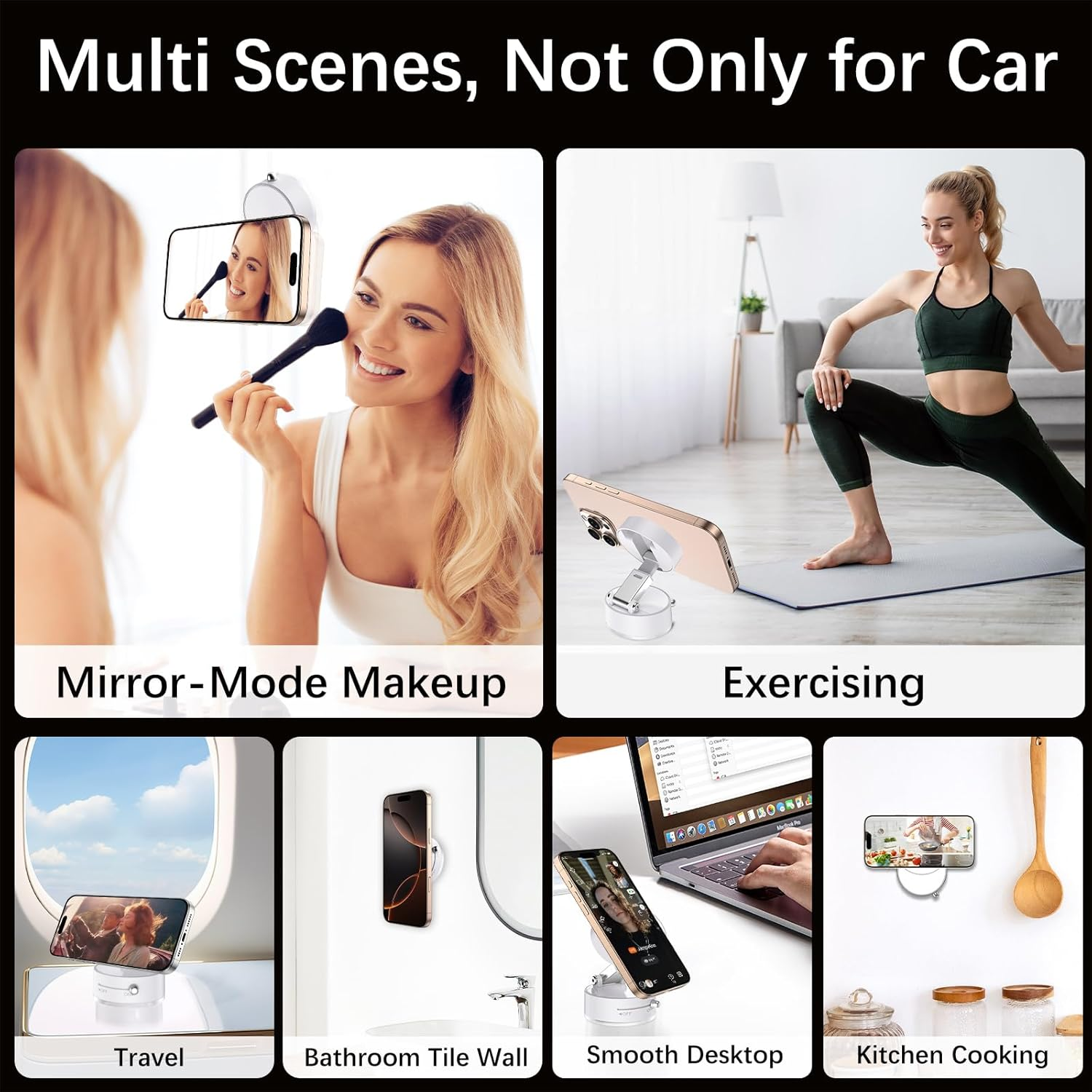 VENINGO Magnetic Vacuum Car Phone Holder, 360&deg; Rotatable Foldable and Retractable Double-Sided Suction Cell Phone Stand Dashboard Mount for Car/Kitchen/Office Mirror Mount Fit All Smartphones, White image number 3