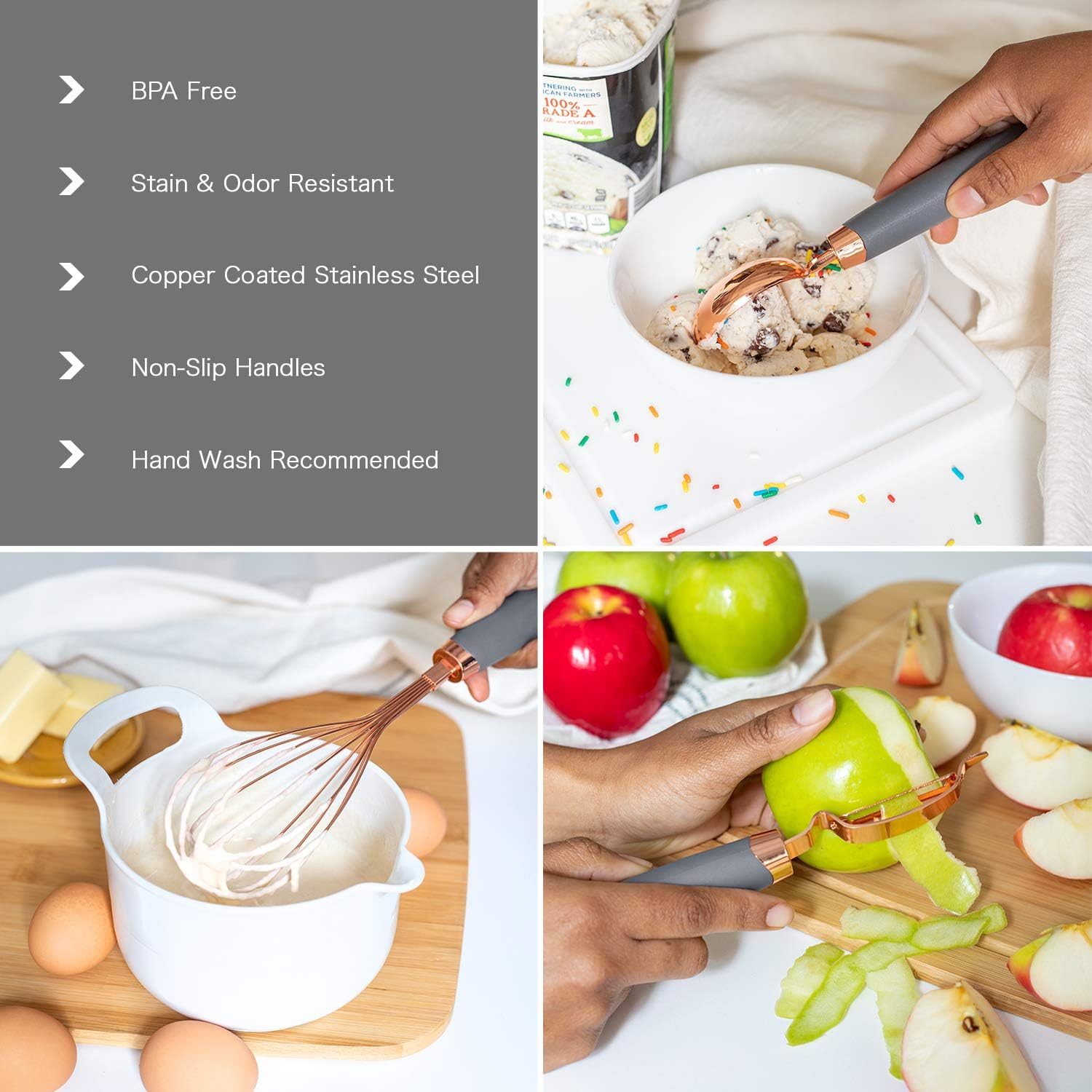 COOK with COLOR 7 Pc Kitchen Gadget Set Cooper Coated Stainless Steel Utensils with Soft Touch Nylon Gray Handles image number 3