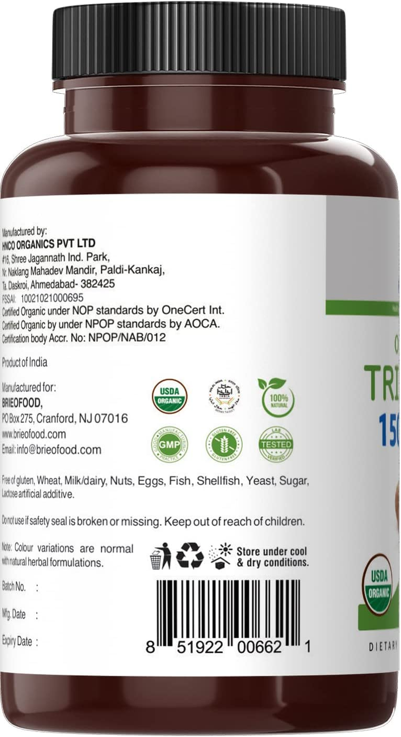 Brieofood Organic Triphala 1500Mg, 45 Servings, Vegetarian, Gluten Free, 90 Vegetarian Tablets